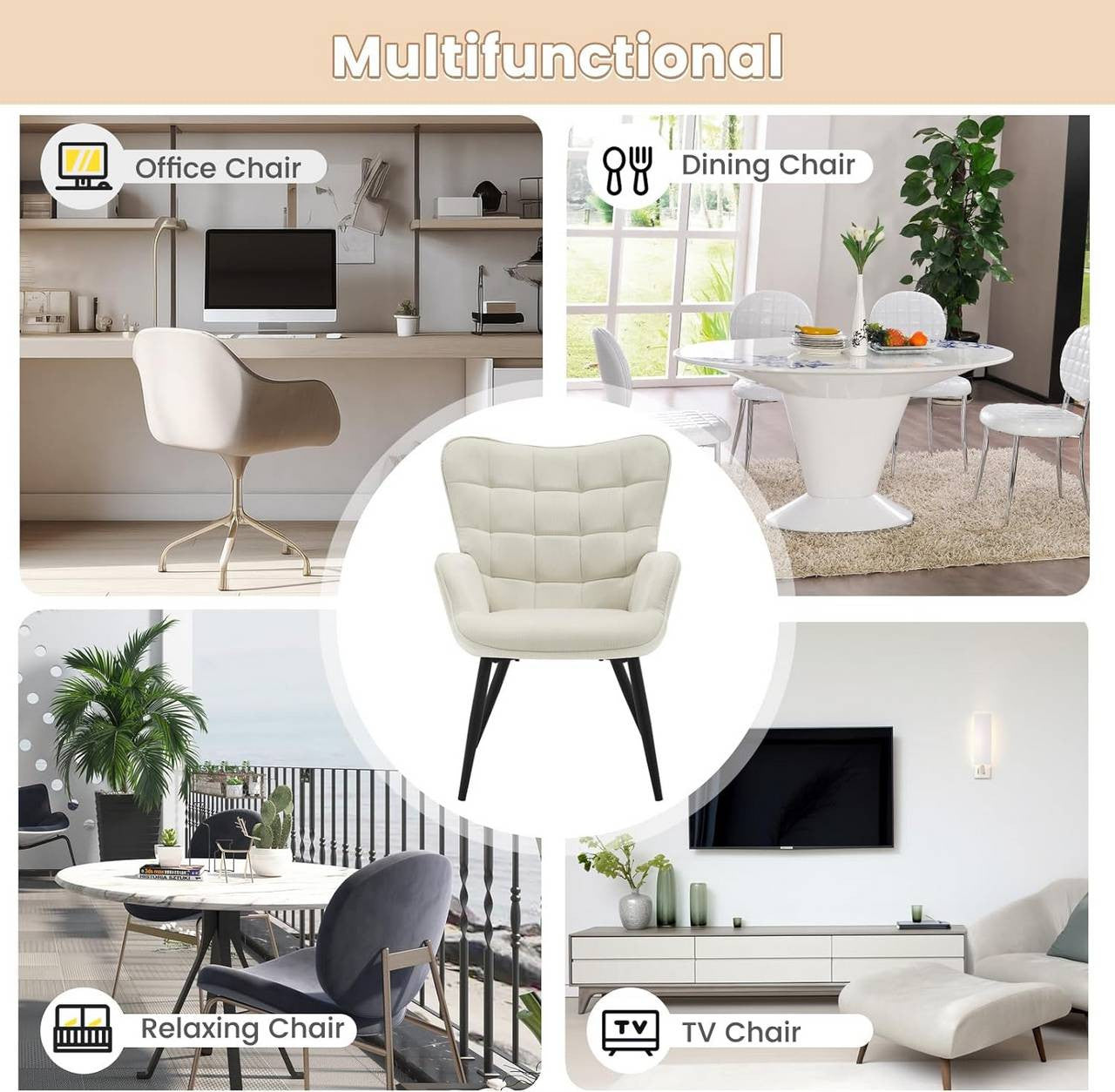 24goodz Wing Chair - Full Comfort - Ergonomic Design - Fabric and Metal - For Home Relaxation - Cream White