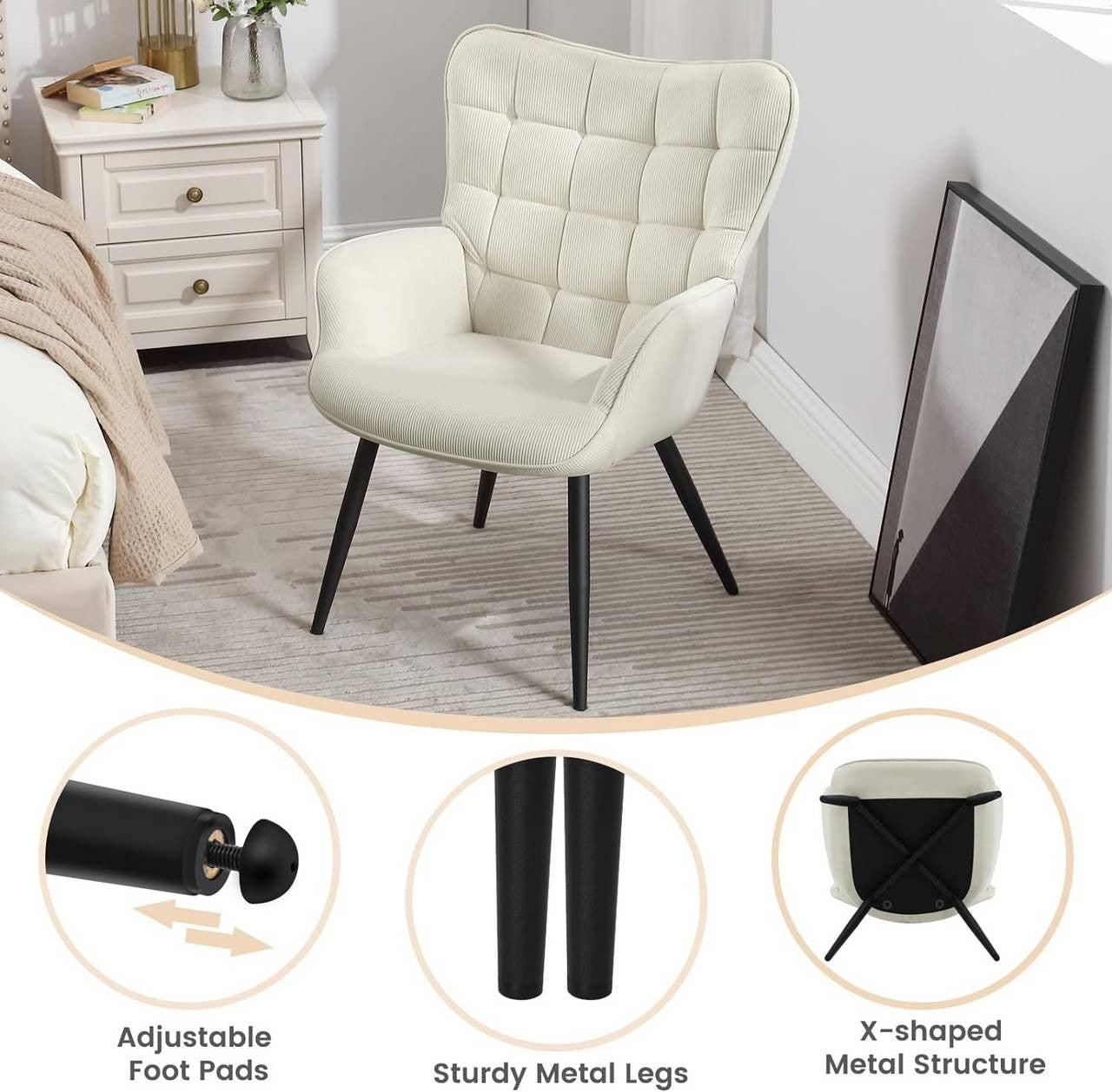 24goodz Wing Chair - Full Comfort - Ergonomic Design - Fabric and Metal - For Home Relaxation - Cream White