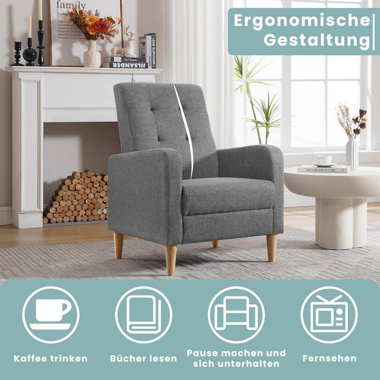24goodz Wingback Armchair - Soft & Stable - Ergonomic Comfort - Linen - For Living Rooms & Bedrooms - Dark Grey