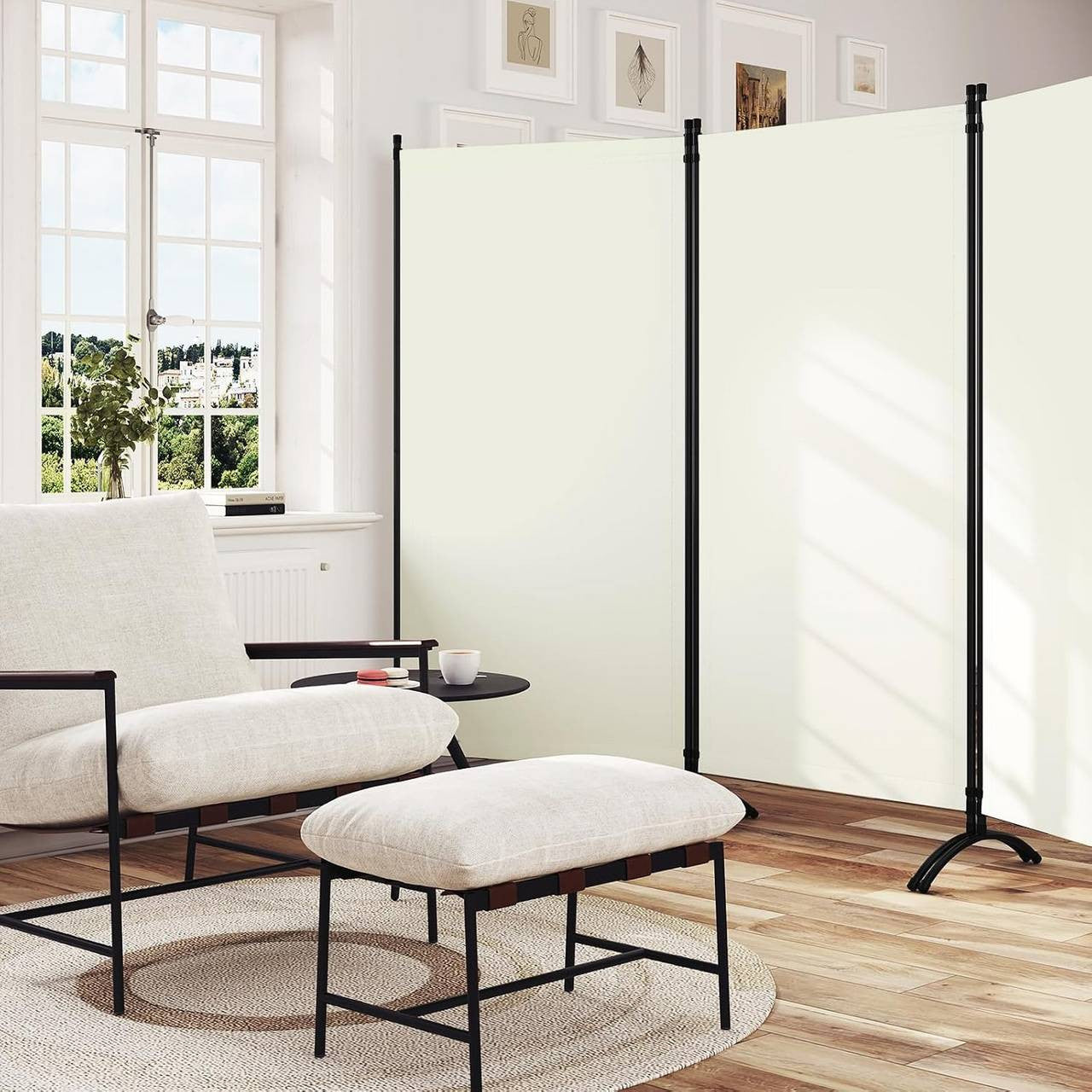 24goodz 3-Panel Folding Privacy Screen - Stable and Durable - Multifunctional - PA-Coated Polyester - For Indoor and Outdoor Use - Cream