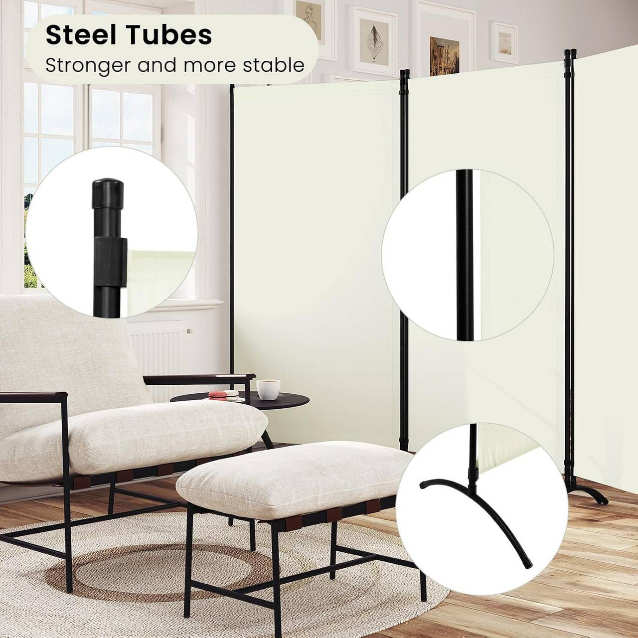24goodz 3-Panel Folding Privacy Screen - Stable and Durable - Multifunctional - PA-Coated Polyester - For Indoor and Outdoor Use - Cream