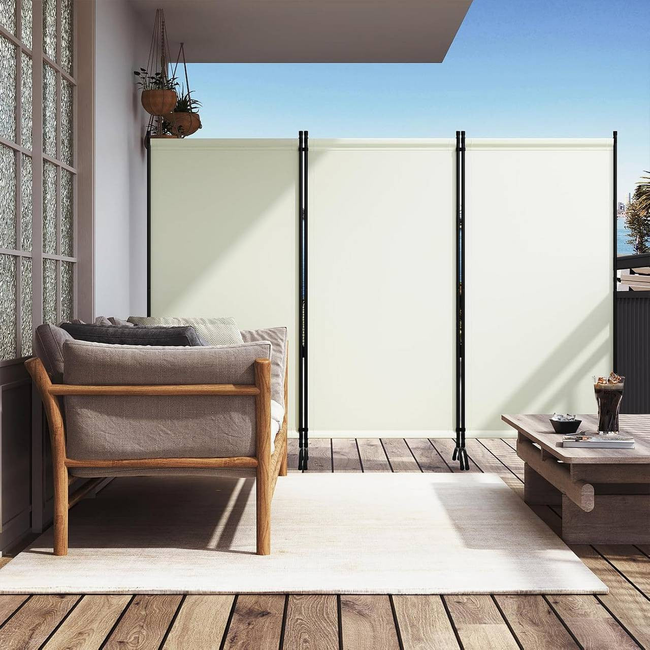 24goodz 3-Panel Folding Privacy Screen - Stable and Durable - Multifunctional - PA-Coated Polyester - For Indoor and Outdoor Use - Cream