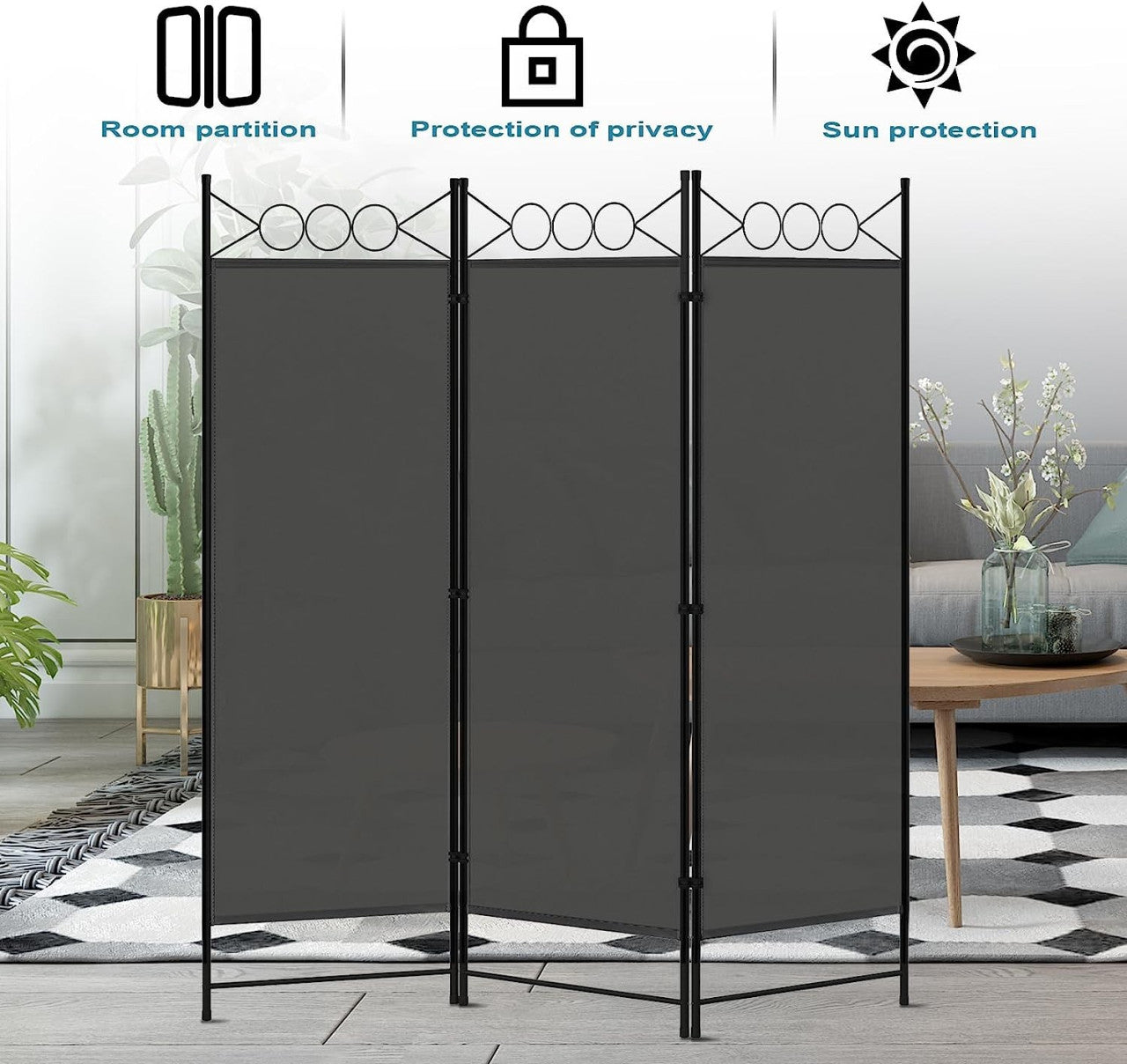 24goodz Folding Room Divider - Robust & Durable - Flexible & Space-Saving - Polyester + Metal - Dark Grey - 167 x 172 cm - dgr