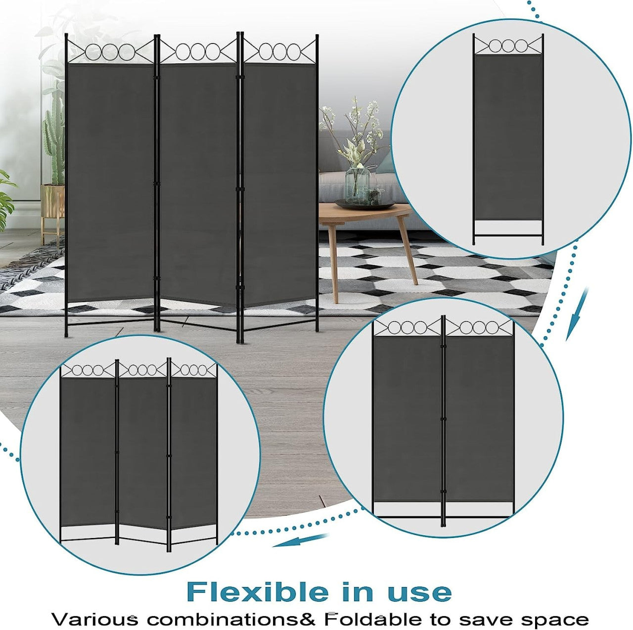 24goodz Folding Room Divider - Robust & Durable - Flexible & Space-Saving - Polyester + Metal - Dark Grey - 167 x 172 cm - dgr