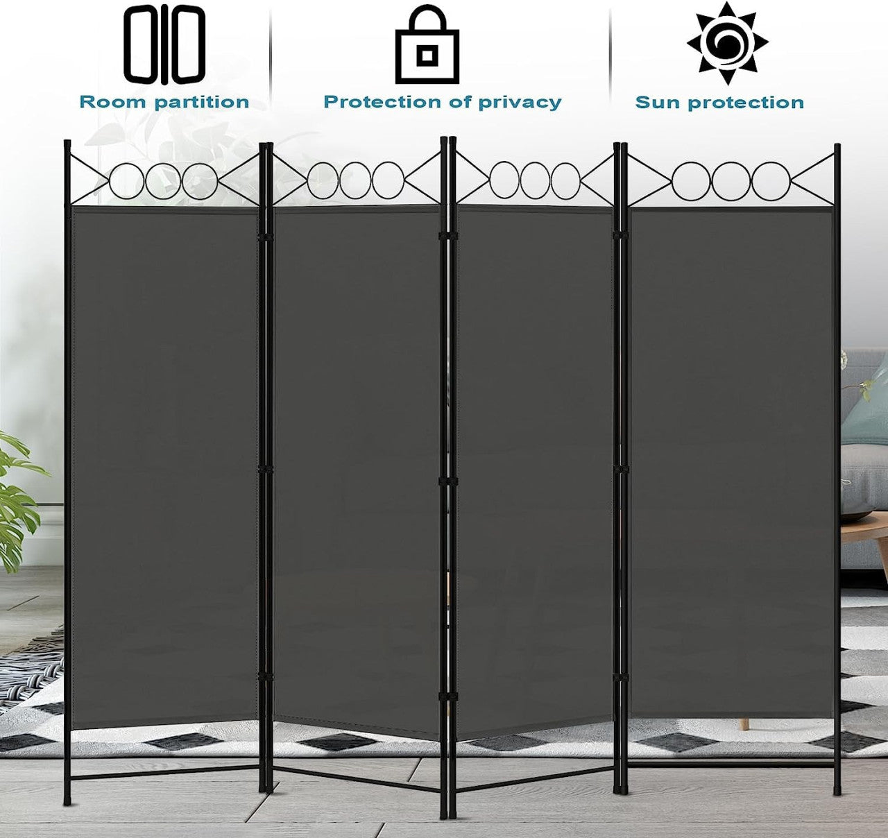 24goodz Room Divider - Robust & Durable - Foldable & Flexible - Polyester + Metal - Dark Grey - 167 x 172 cm - dgr