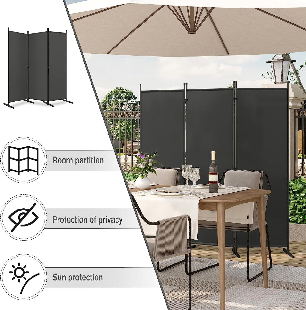 24goodz Folding Room Divider - Functional Privacy Screen - Durable Polyester - For Indoor and Outdoor Use - Dark Grey 223x172 cm - dgr