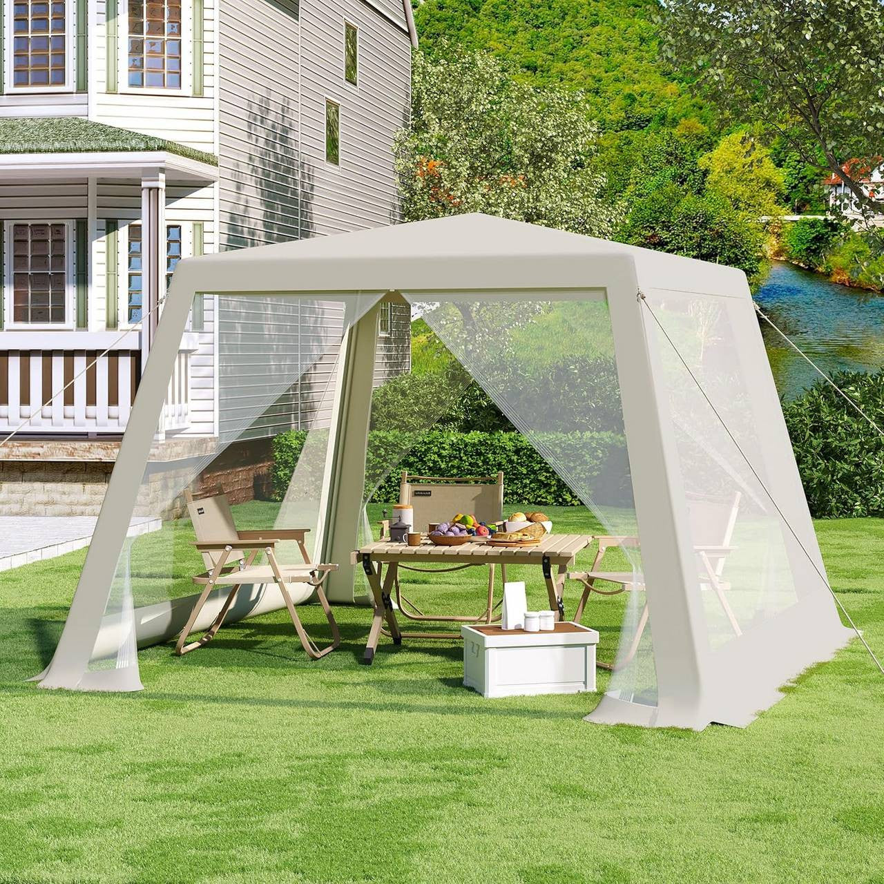 24goodz Garden Pavilion 3x3 m - UV Protection - Breathable Mosquito Net - 210D Oxford Fabric - Beige