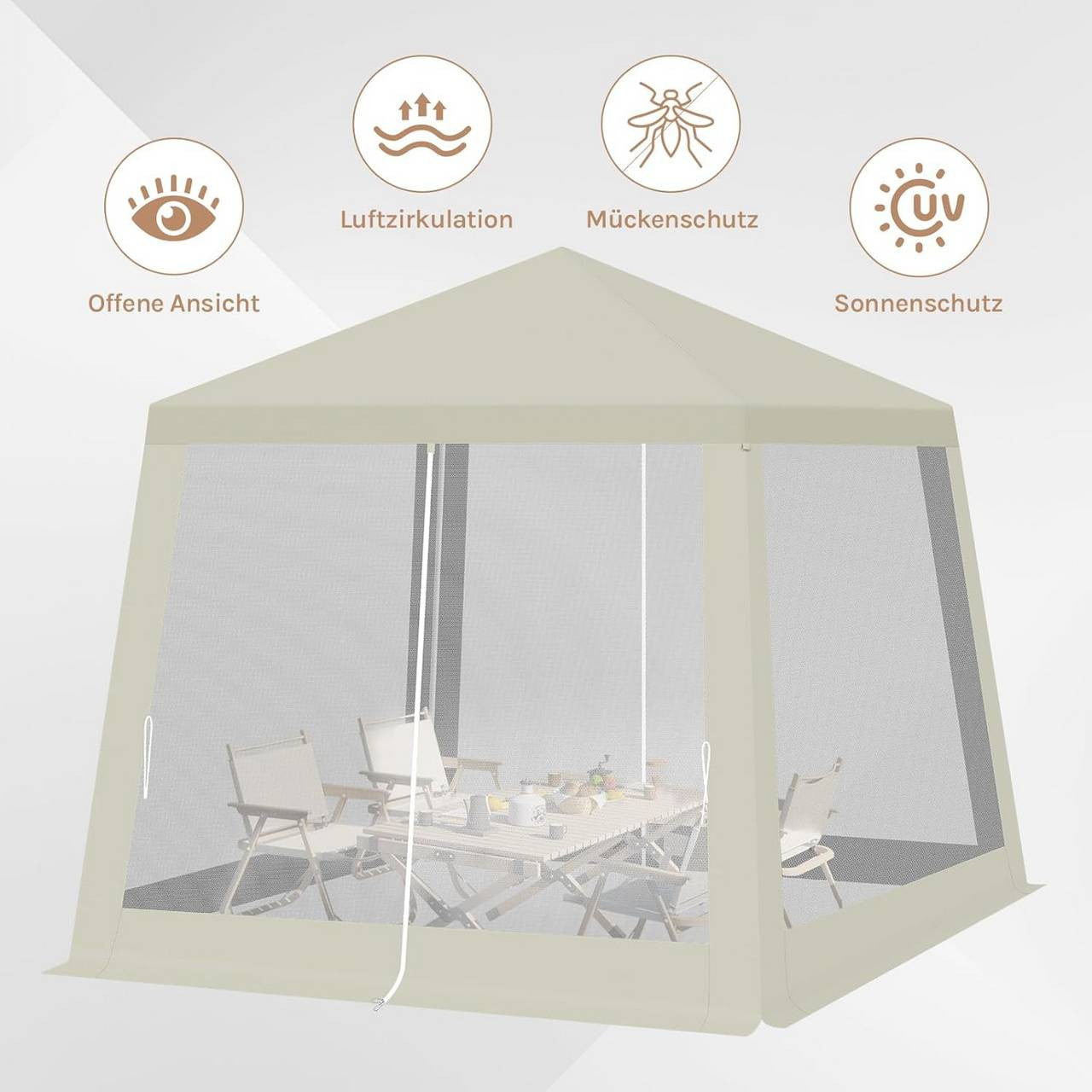 24goodz Garden Pavilion 3x3 m - UV Protection - Breathable Mosquito Net - 210D Oxford Fabric - Beige
