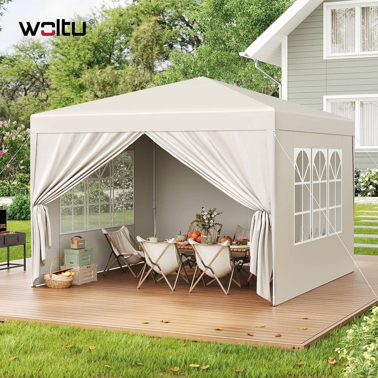 24goodz Pop-Up Pavilion Waterproof Sunshade Camping Canopy Tent 3 x 3 m - Robust Structure - Waterproof and UV Protection - 210D Oxford Fabric - Beige