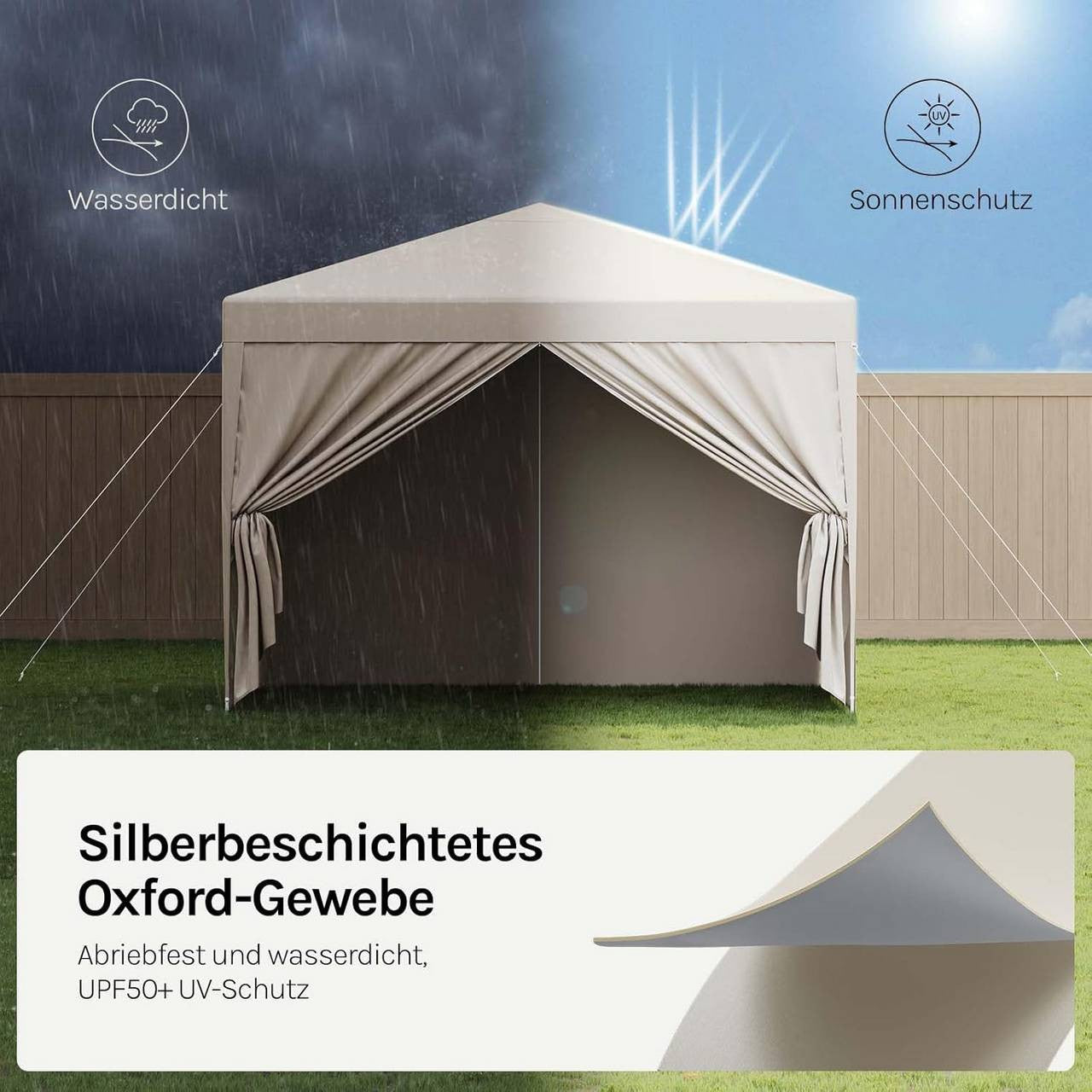 24goodz Pop-Up Pavilion Waterproof Sunshade Camping Canopy Tent 3 x 3 m - Robust Structure - Waterproof and UV Protection - 210D Oxford Fabric - Beige