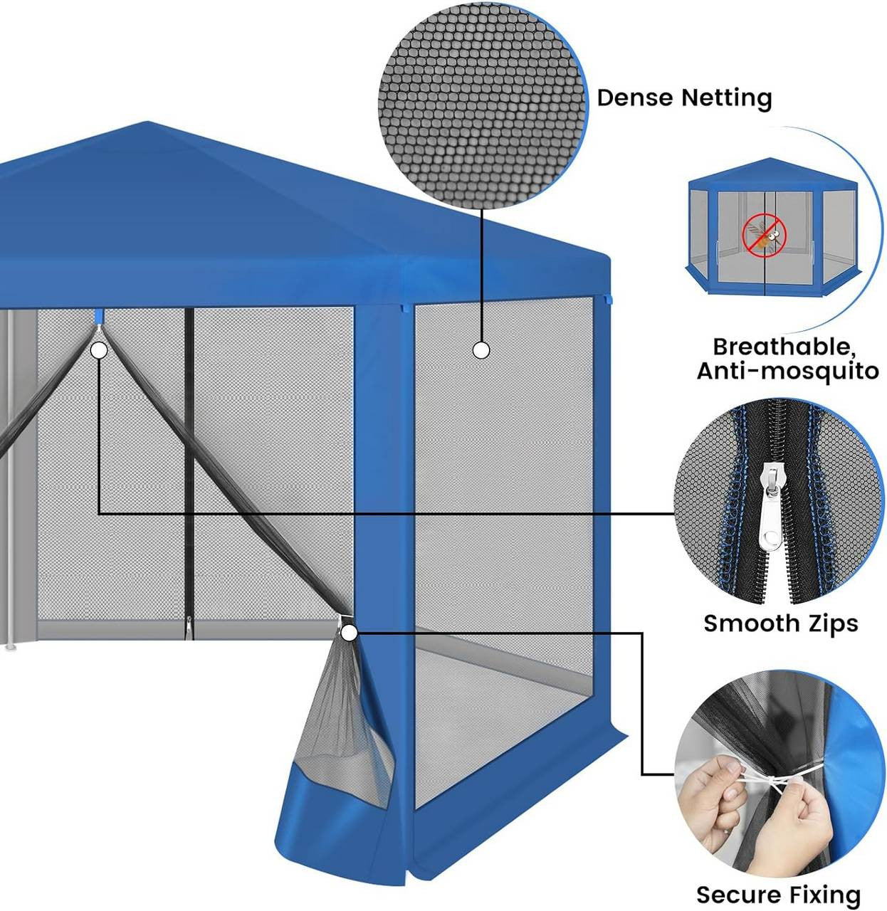 24goodz Hexagonal Garden Pavilion 3.8x3.3m - UV Protection - Breathable Mesh - 210D Oxford Fabric - Blue