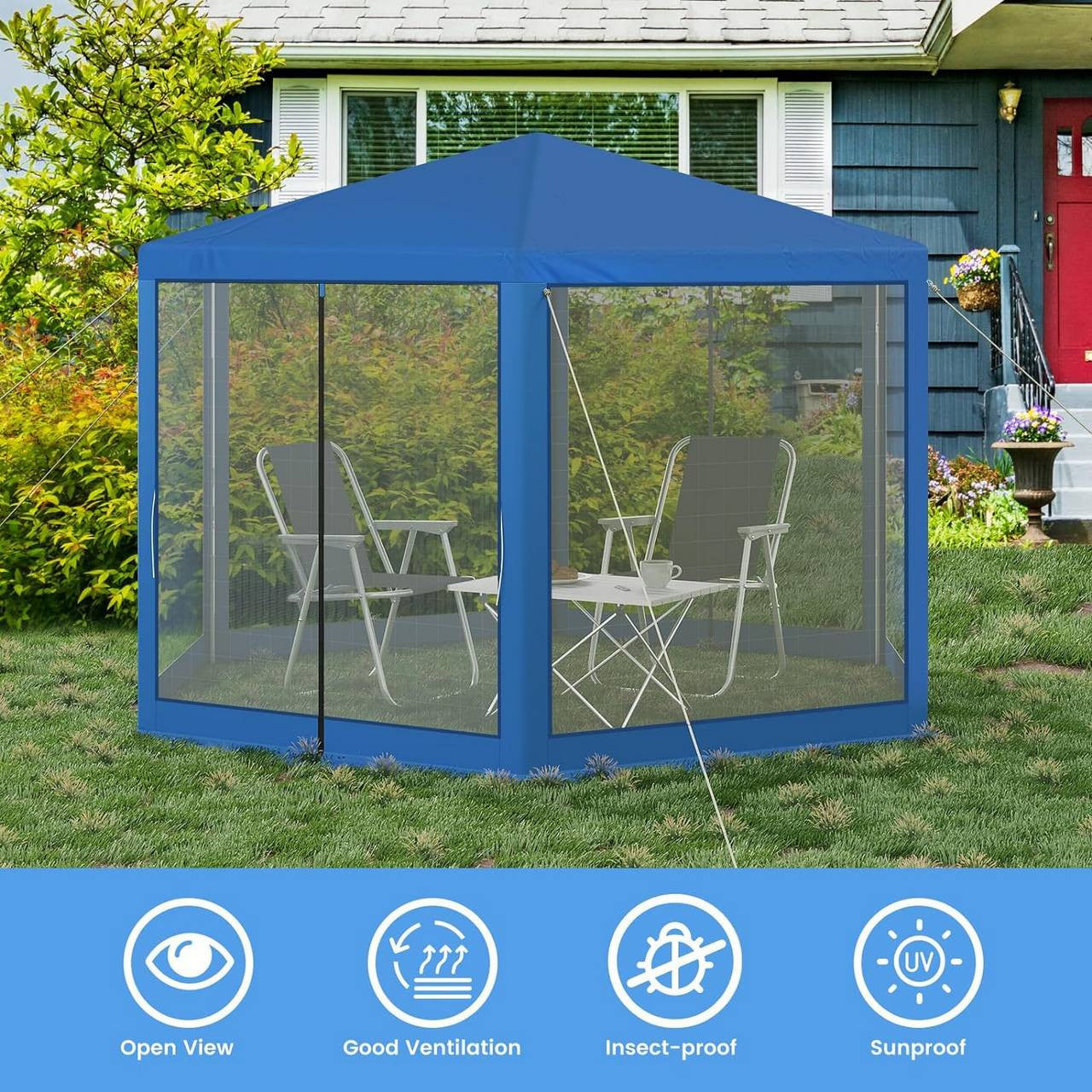24goodz Hexagonal Garden Pavilion 3.8x3.3m - UV Protection - Breathable Mesh - 210D Oxford Fabric - Blue