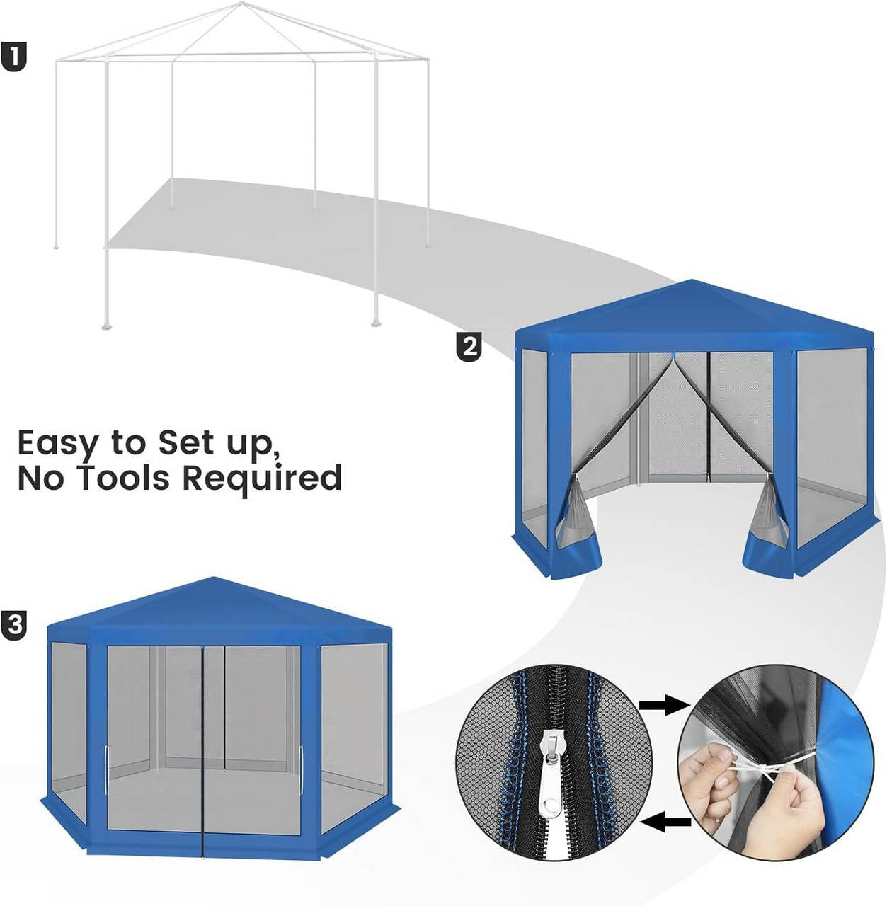 24goodz Hexagonal Garden Pavilion 3.8x3.3m - UV Protection - Breathable Mesh - 210D Oxford Fabric - Blue
