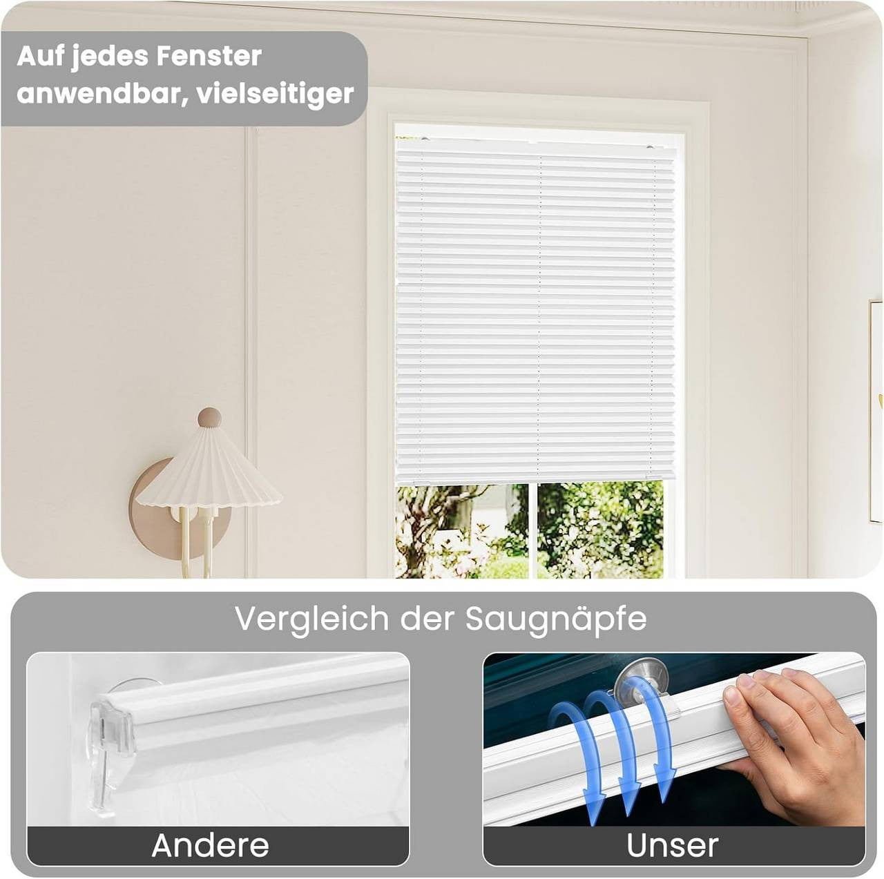 24goodz Pleated Blind without Drilling - Adjustable Height - Polyester - For Any Smooth Glass Surface - White/Gray - 90 x 130 cm