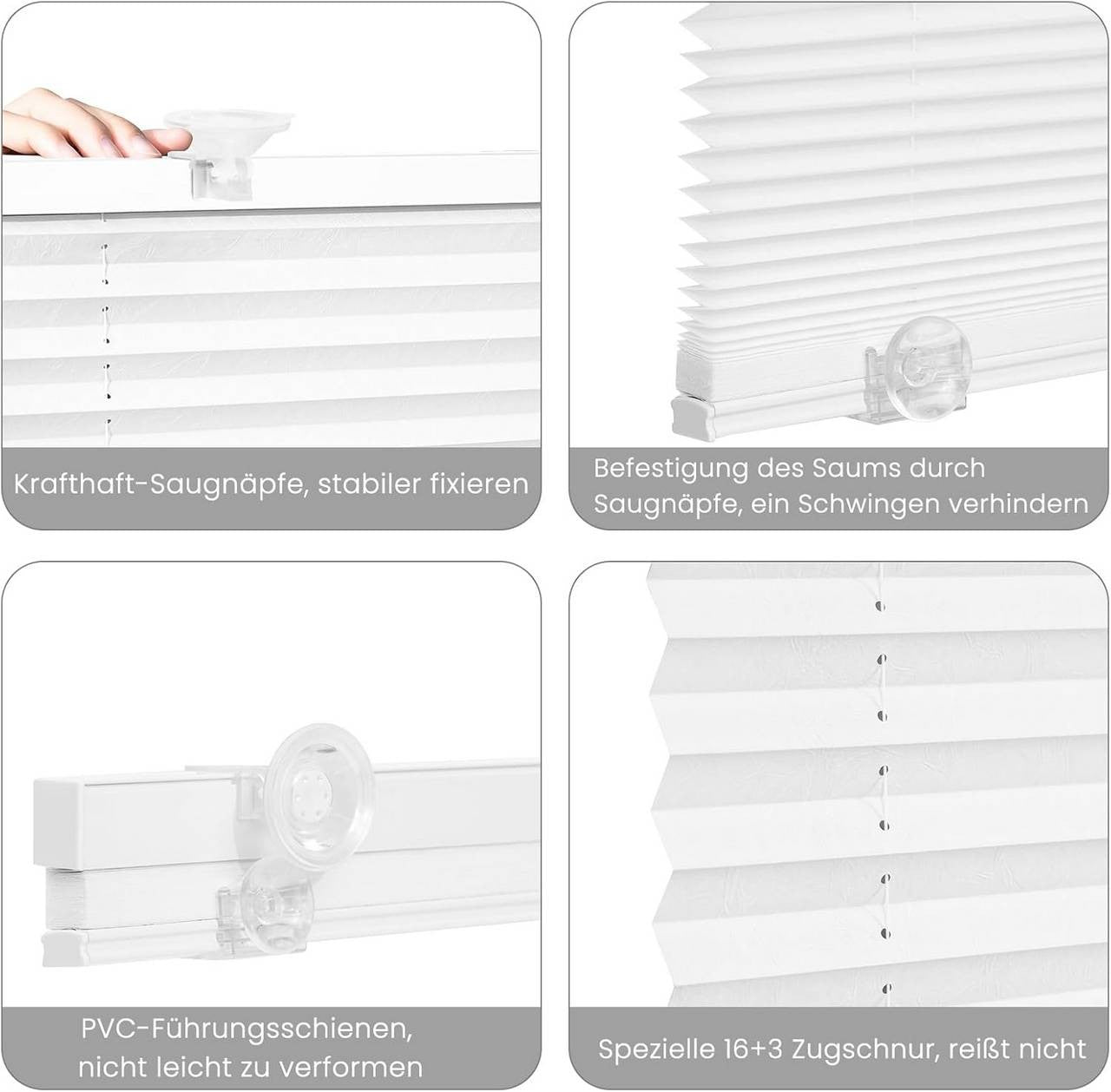 24goodz Pleated Blind without Drilling - Adjustable Height - Polyester - For Any Smooth Glass Surface - White/Gray - 90 x 130 cm