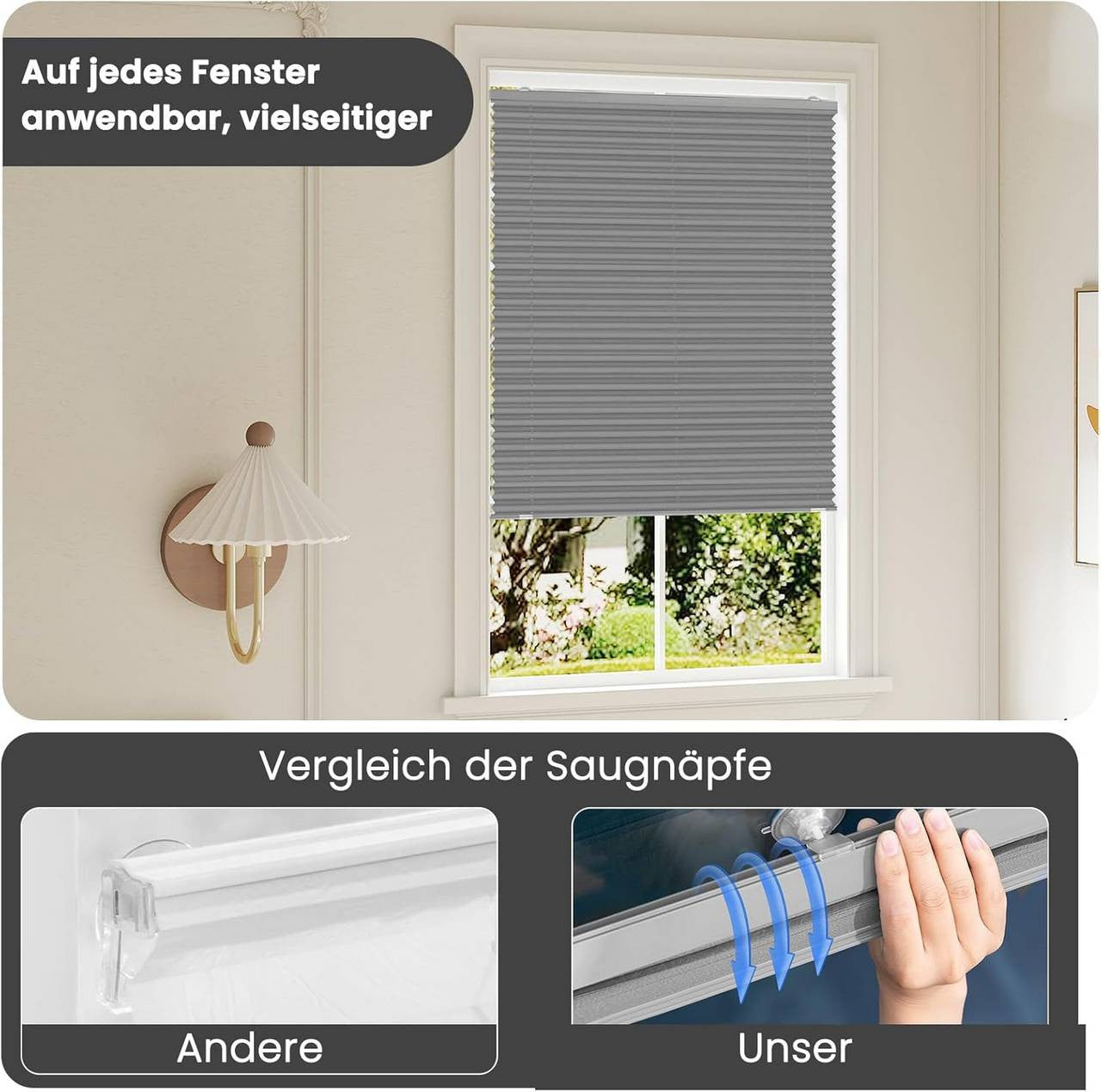24goodz Pleated Blind - Tool-Free Installation - Adjustable Height - Polyester - For Any Smooth Surface - Grey 80 x 130 cm
