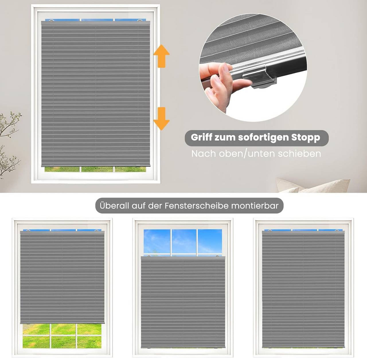 24goodz Pleated Blind without Drilling - Easy Installation with Suction Cups - Polyester - For Any Room - Grey 50 x 130 cm