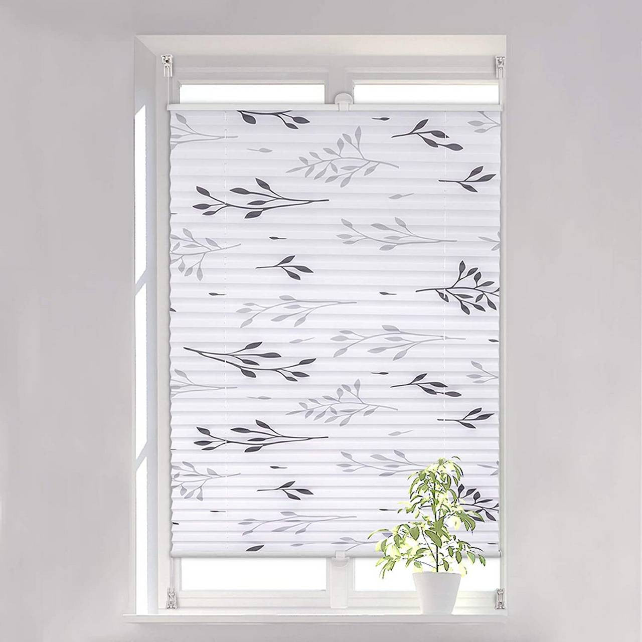 24goodz Pleated Blind Klemmfix - Easy Installation without Drilling - 100% Polyester - Grey Twigs Pattern - 70 x 130 cm