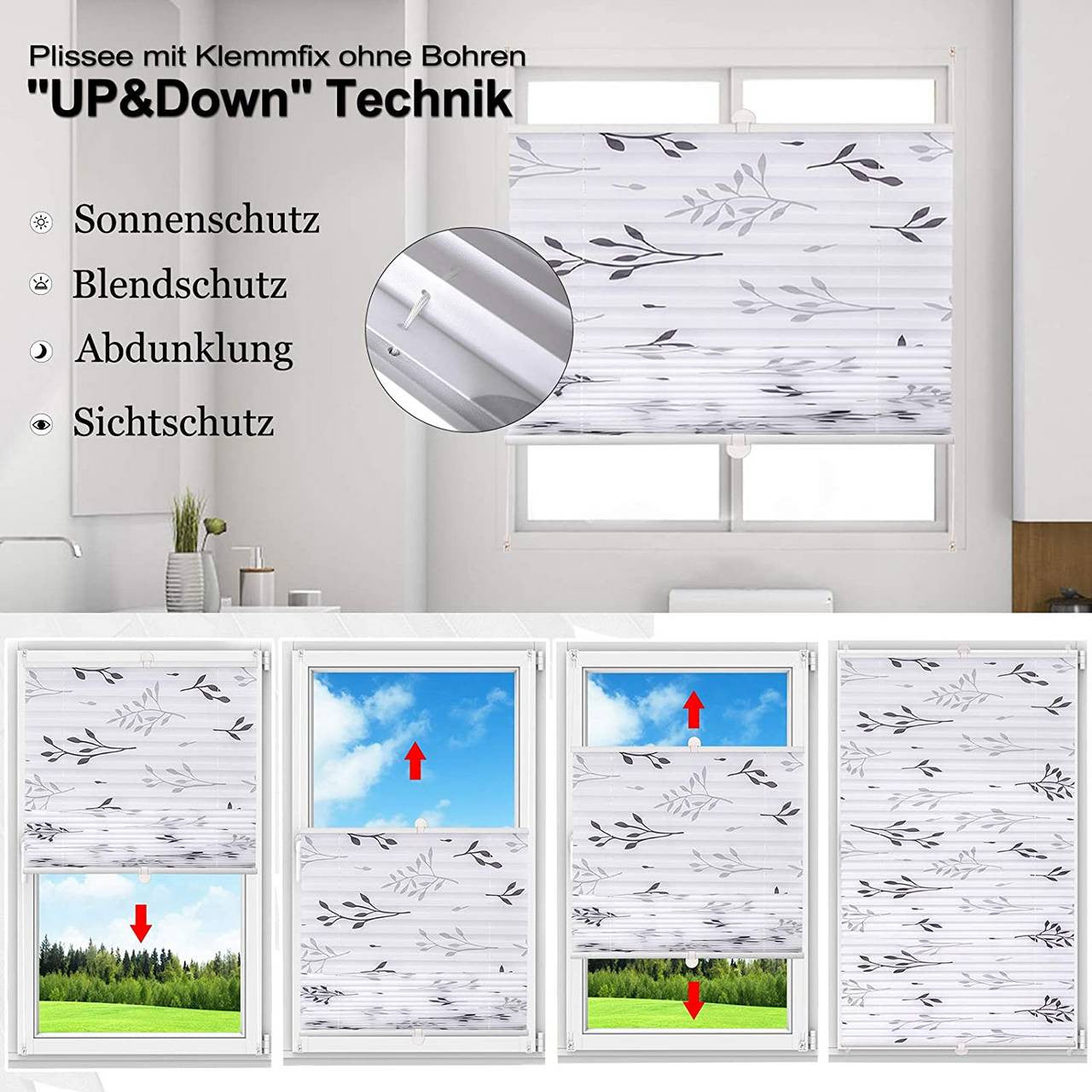 24goodz Pleated Blind Klemmfix - Durable & Easy to Clean - 100% Polyester - For Windows & Doors - Grey with Branch Pattern - 100 x 130 cm