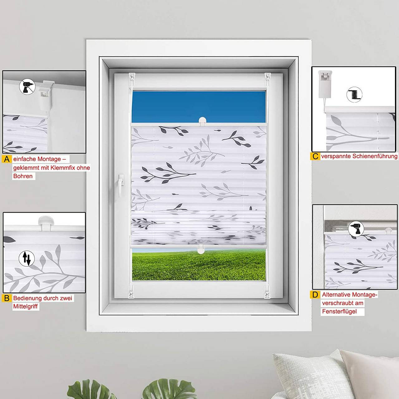 24goodz Pleated Blind Klemmfix - Easy Installation Without Drilling - 100% Polyester - For Windows and Doors - Grey with Branch Pattern - 80 x 130 cm