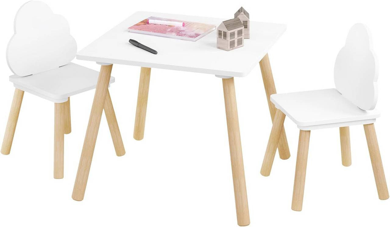 24goodz Square Kids Table with 2 Chairs - Promotes Independence and Creativity - MDF and Solid Wood - For Children - White + Light Oak