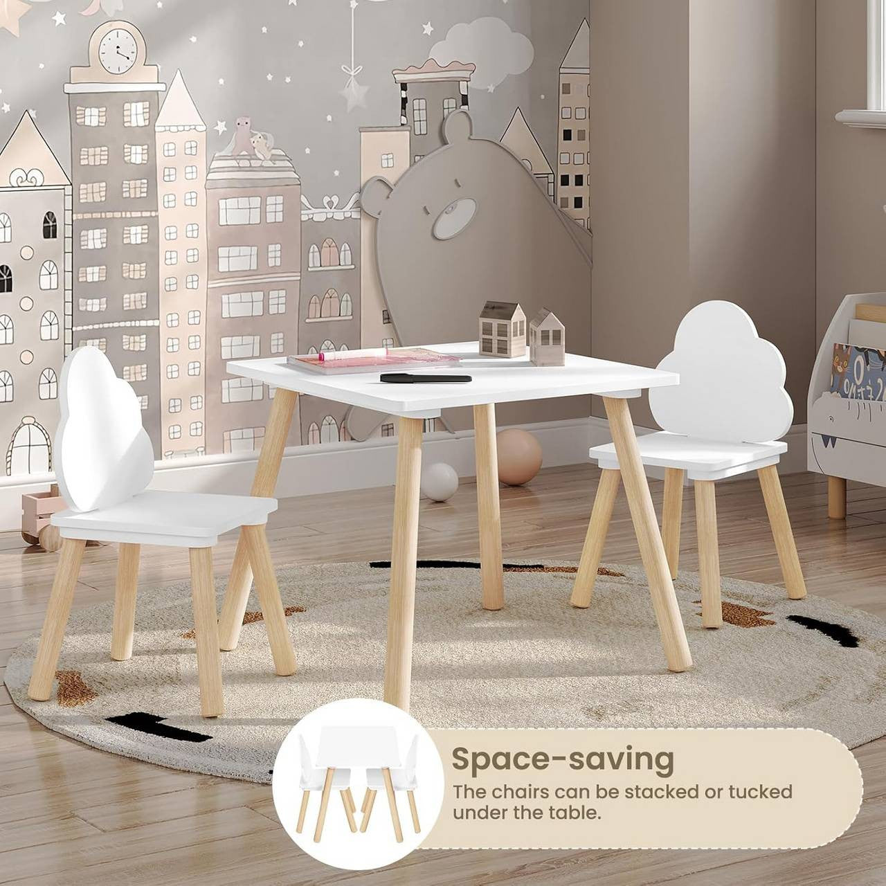 24goodz Square Kids Table with 2 Chairs - Promotes Independence and Creativity - MDF and Solid Wood - For Children - White + Light Oak