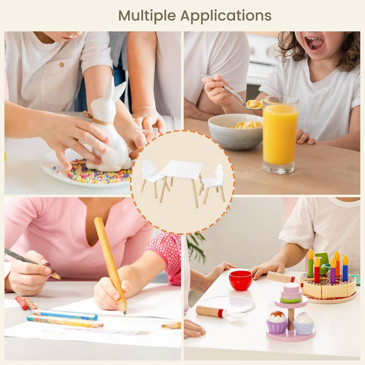24goodz Square Kids Table with 2 Chairs - Promotes Independence and Creativity - MDF and Solid Wood - For Children - White + Light Oak