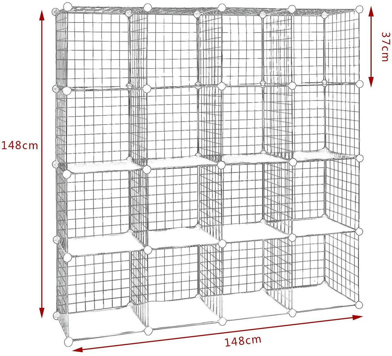 24goodz Storage System Cube with 16 Compartments - Durable and Robust Design - Steel Frame and ABS Connectors - For Every Room - Black - 148x37x148 cm - sz