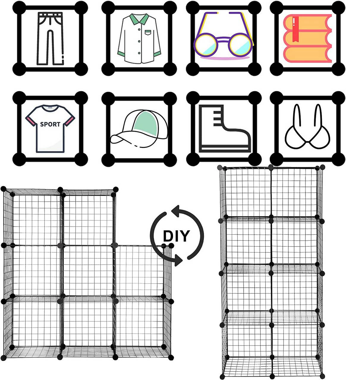 24goodz Storage System Cube with 16 Compartments - Durable and Robust Design - Steel Frame and ABS Connectors - For Every Room - Black - 148x37x148 cm - sz