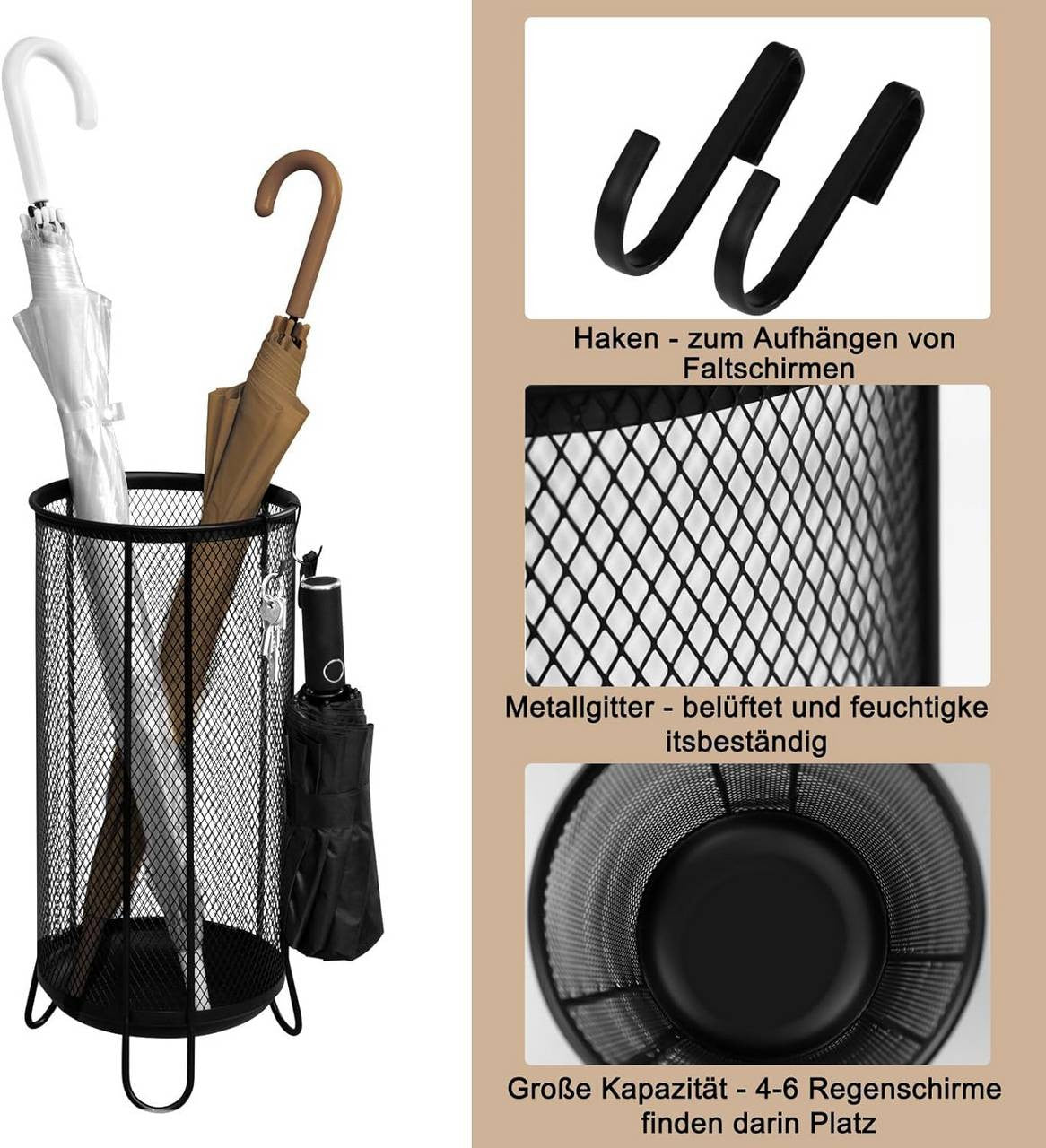 24goodz Umbrella Stand with Water Tray - Large Capacity - Robust & Stable - Iron - Grey - 23 x 49 cm