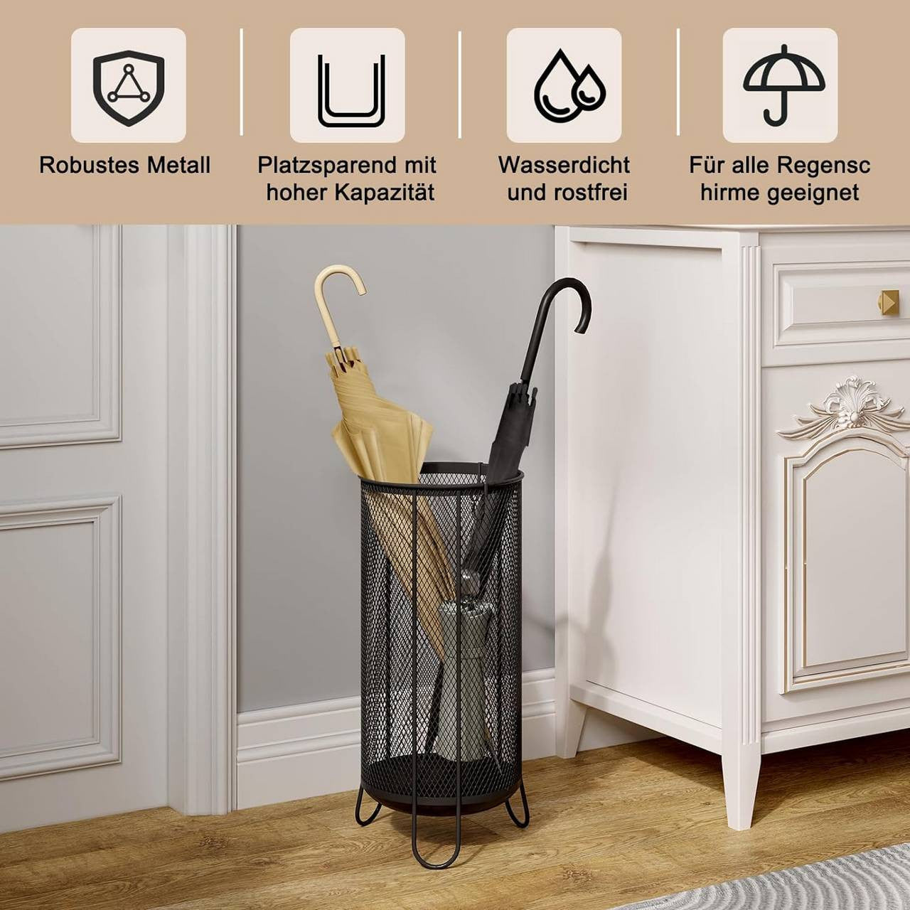 24goodz Umbrella Stand with Water Tray - Large Capacity - Robust & Stable - Iron - Grey - 23 x 49 cm