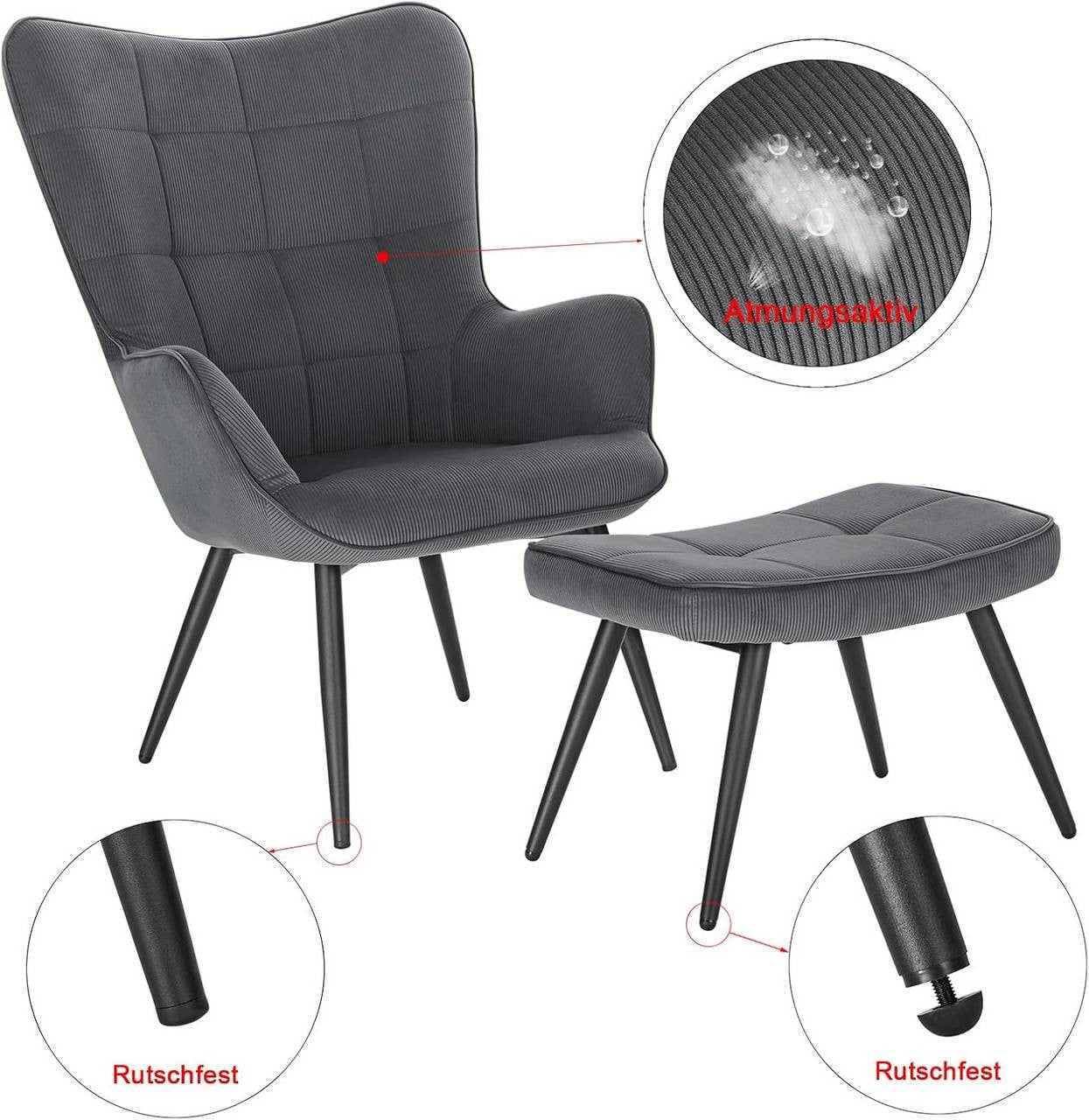 24goodz Relax Chair with Ottoman - Comfortable and Stylish Design - Corduroy - For Living Room and More - Dark Grey - dgr