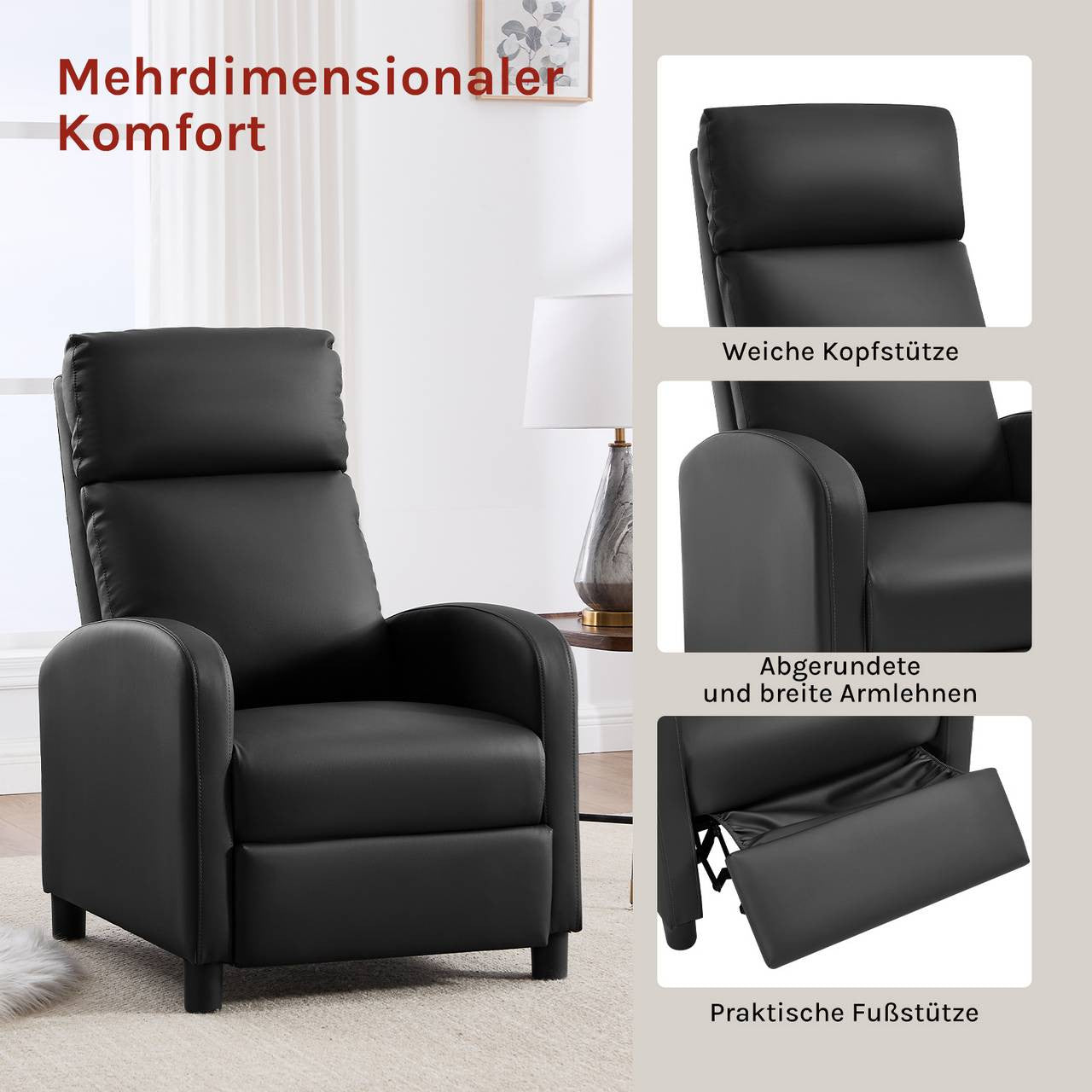 24goodz Relax Armchair - Ergonomic Comfort - Adjustable Recline - PU Leather - For Relaxation - Black/Grey