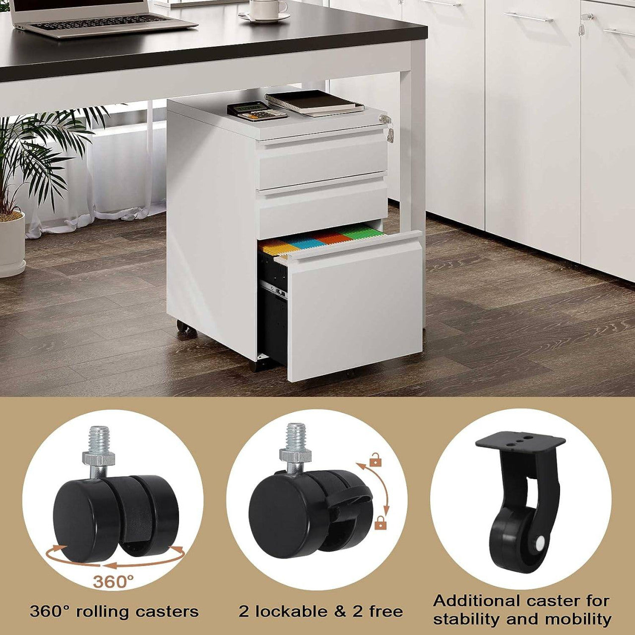 24goodz Mobile Filing Cabinet with 3 Drawers - Secure and Silent Operation - Iron - For Home Office or Bedroom - Black/White