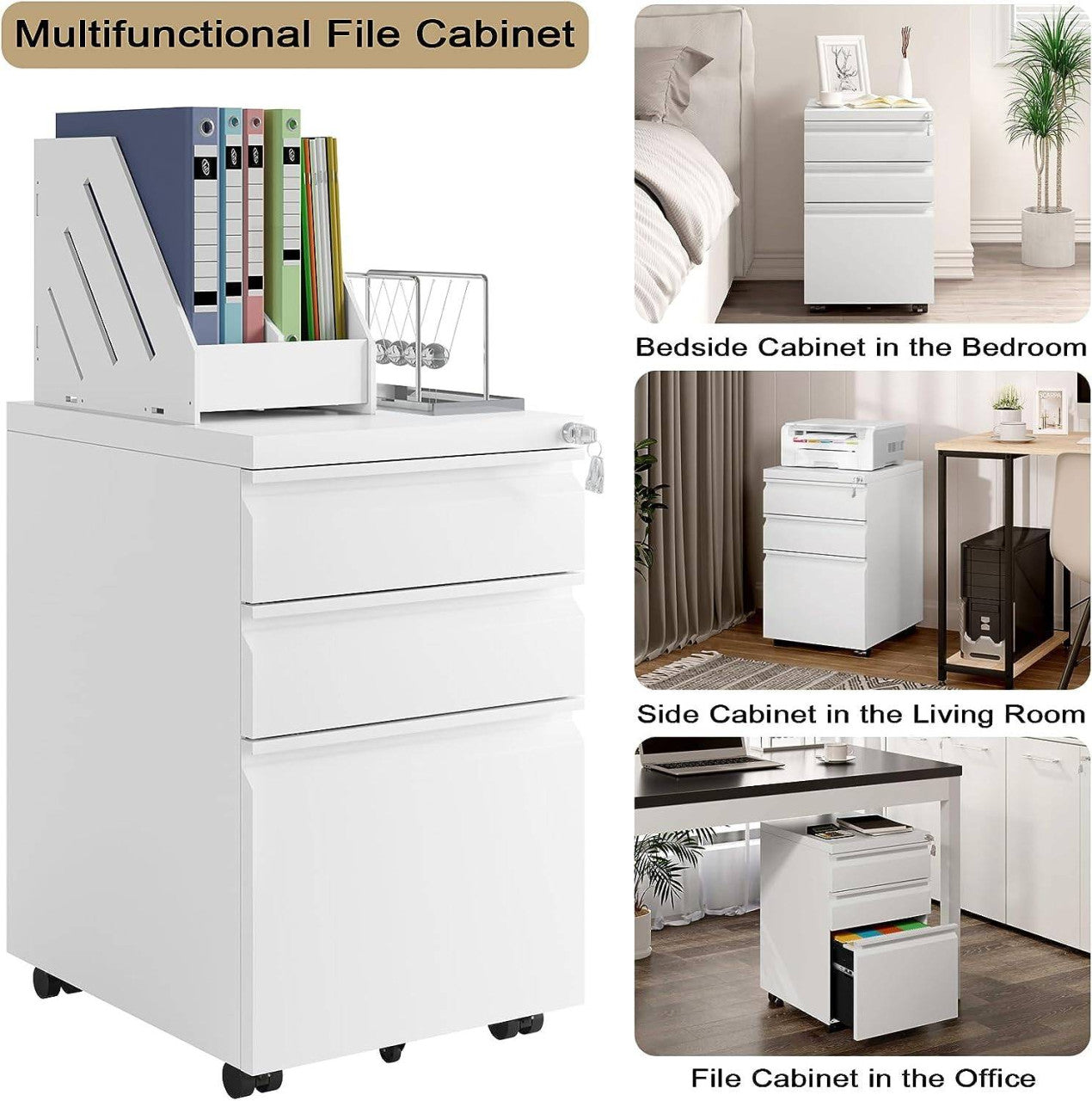 24goodz Mobile Filing Cabinet with 3 Drawers - Secure and Silent Operation - Iron - For Home Office or Bedroom - Black/White