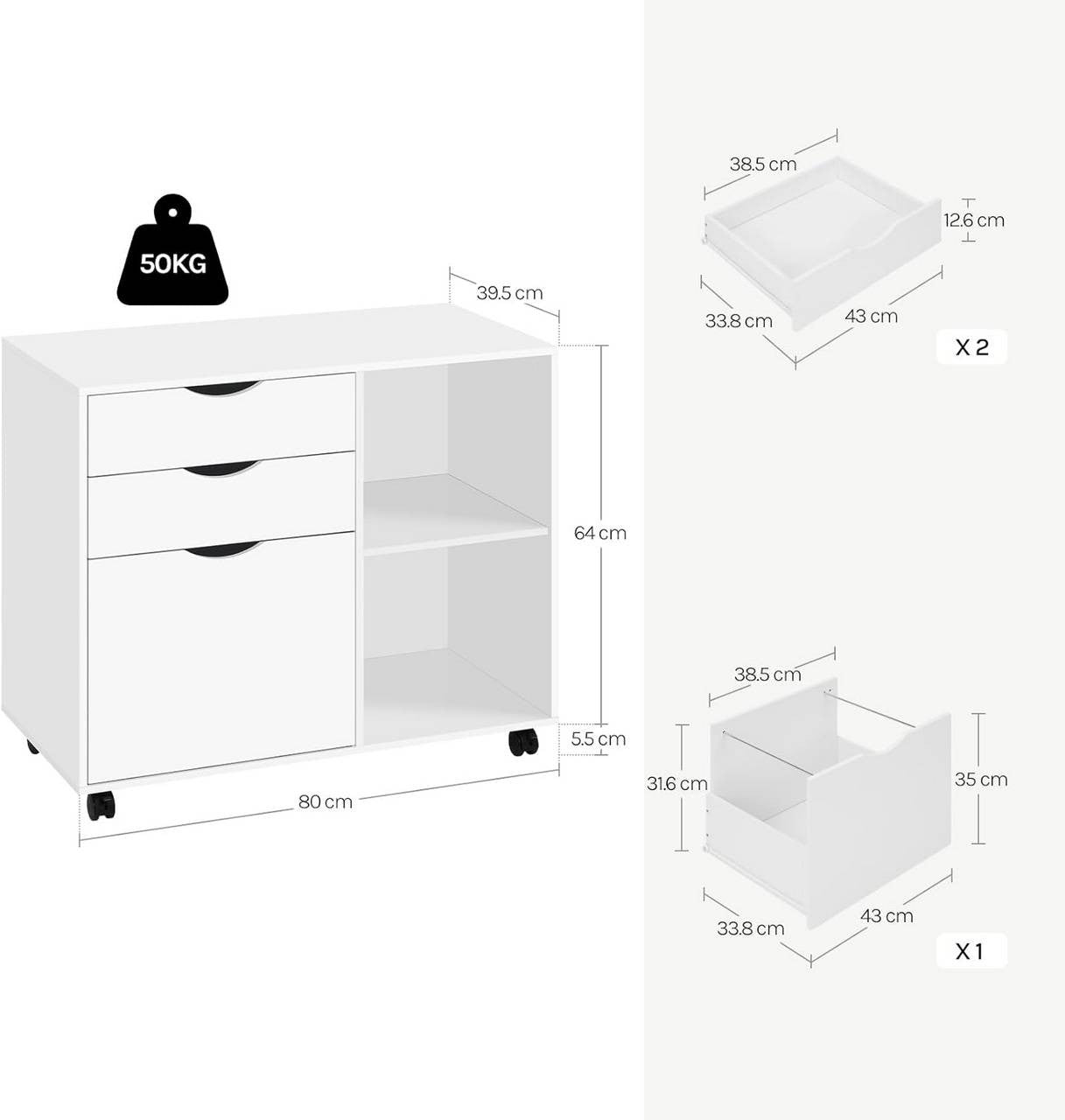 24goodz Mobile Filing Cabinet - Ample Storage Space - Durable E1 Wood Material - White