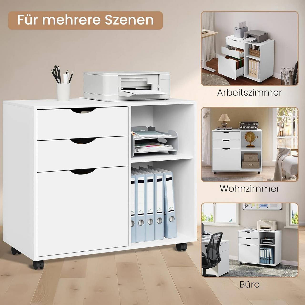 24goodz Mobile Filing Cabinet - Ample Storage Space - Durable E1 Wood Material - White