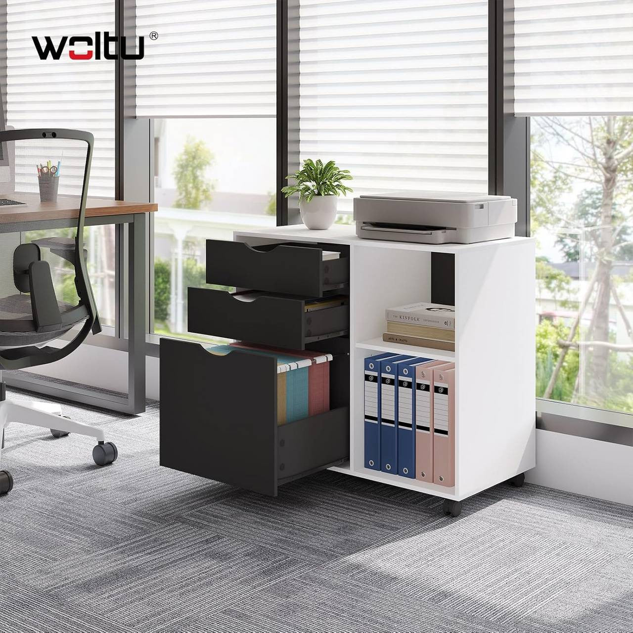 24goodz Mobile Filing Cabinet - Ample Storage Space - Sturdy and Durable - E1 Wood Material - White + Black - 80 x 69.5 x 39.5 cm