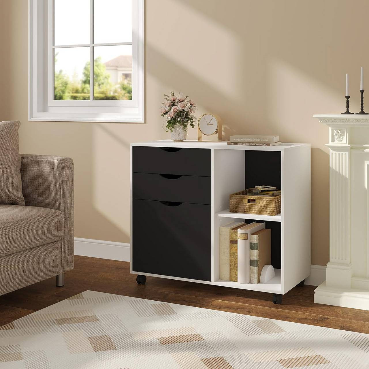 24goodz Mobile Filing Cabinet - Ample Storage Space - Sturdy and Durable - E1 Wood Material - White + Black - 80 x 69.5 x 39.5 cm