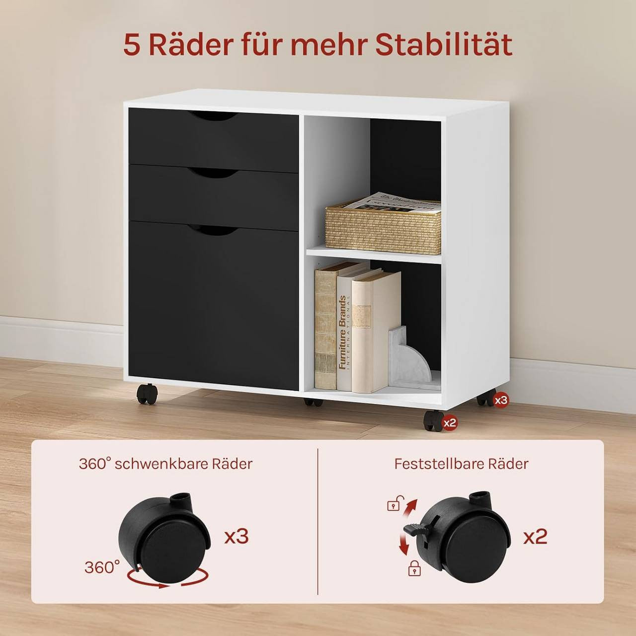 24goodz Mobile Filing Cabinet - Ample Storage Space - Sturdy and Durable - E1 Wood Material - White + Black - 80 x 69.5 x 39.5 cm