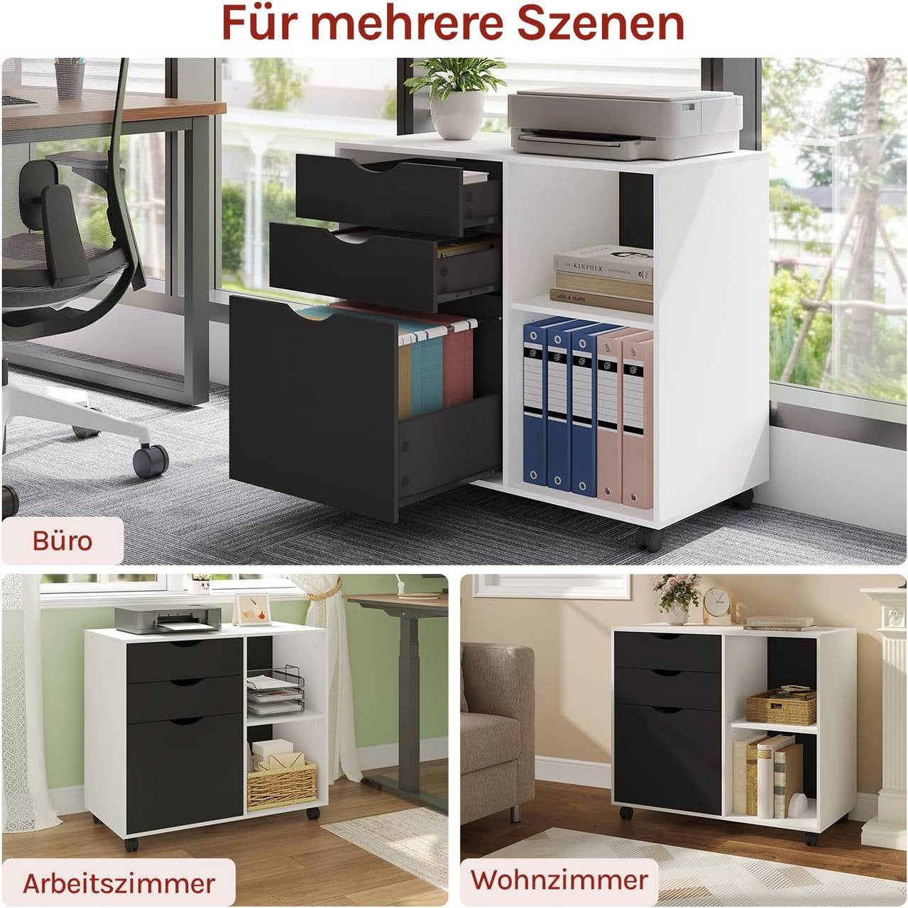 24goodz Mobile Filing Cabinet - Ample Storage Space - Sturdy and Durable - E1 Wood Material - White + Black - 80 x 69.5 x 39.5 cm