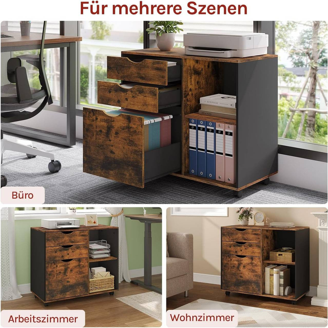 24goodz Mobile Filing Cabinet - Ample Storage Space - Durable E1 Wood Material - For Home and Office - Rustic Brown