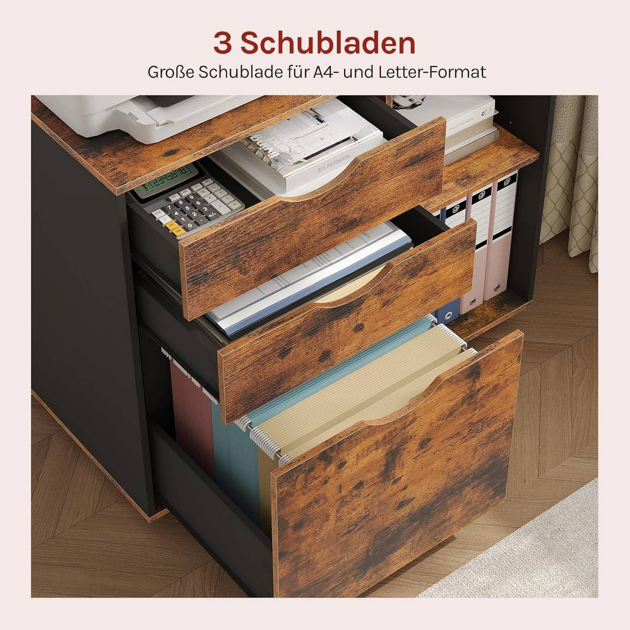 24goodz Mobile Filing Cabinet - Ample Storage Space - Durable E1 Wood Material - For Home and Office - Rustic Brown