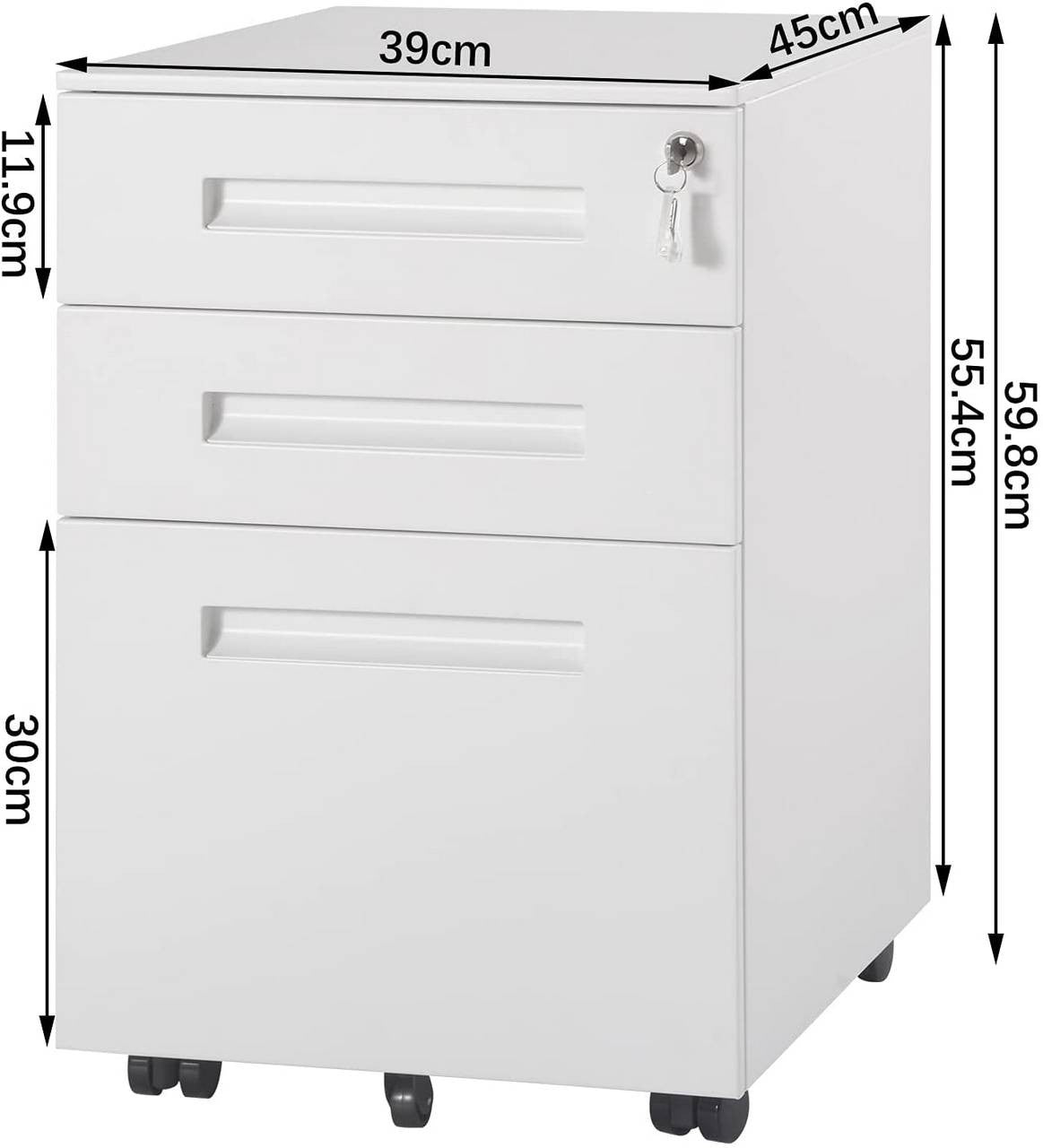 24goodz Metal Rolling Office Cabinet with 3 Drawers - Secure Storage Solution - Steel - For Home and Office - White - ws