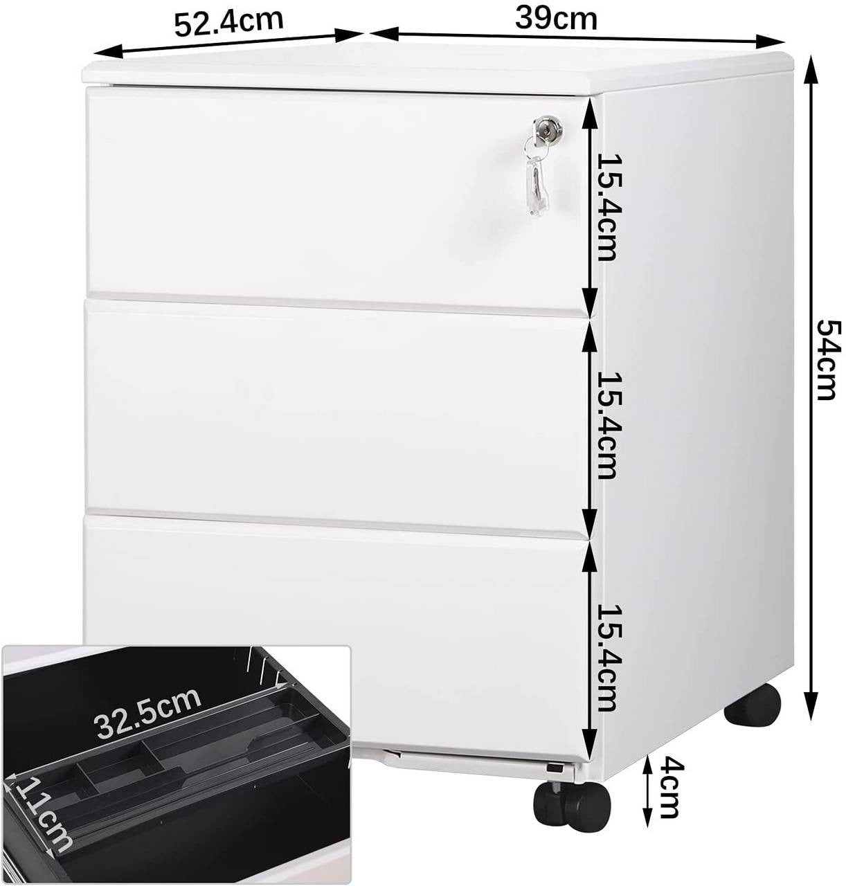 24goodz Rolling File Cabinet with 3 Drawers - Secure Document Storage - Steel - For Home Office - White - ws