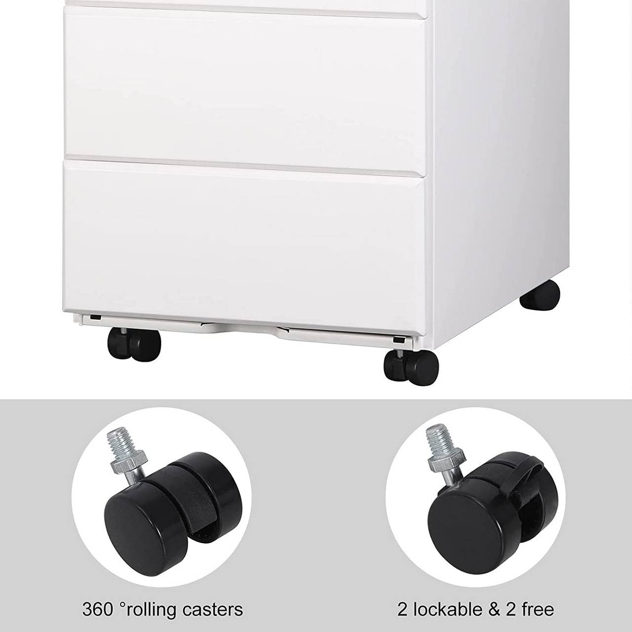 24goodz Rolling File Cabinet with 3 Drawers - Secure Document Storage - Steel - For Home Office - White - ws