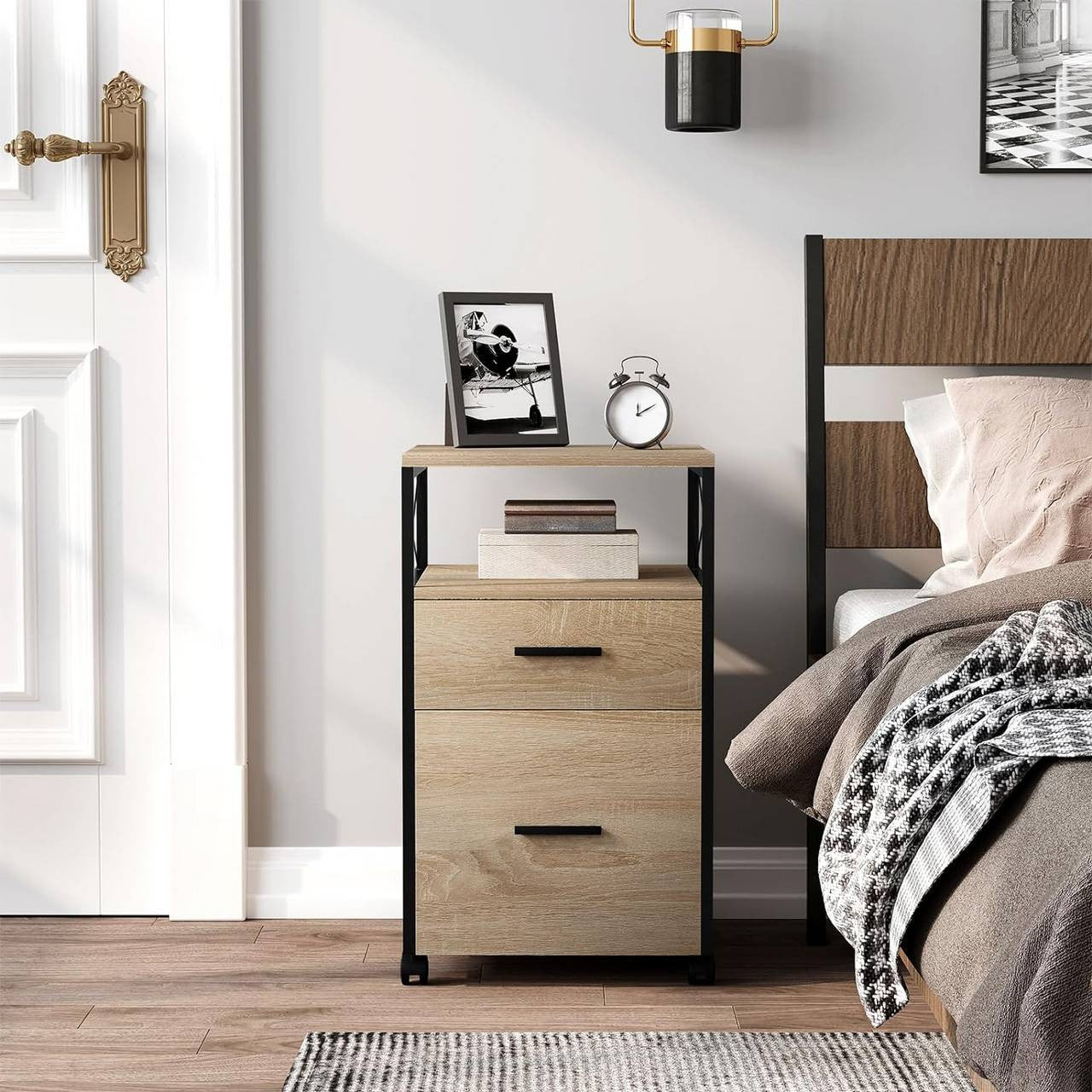 24goodz Rolling Storage Cabinet - Versatile Storage Solution - Durable E1 Wood and Metal - For Home and Office - Light Oak