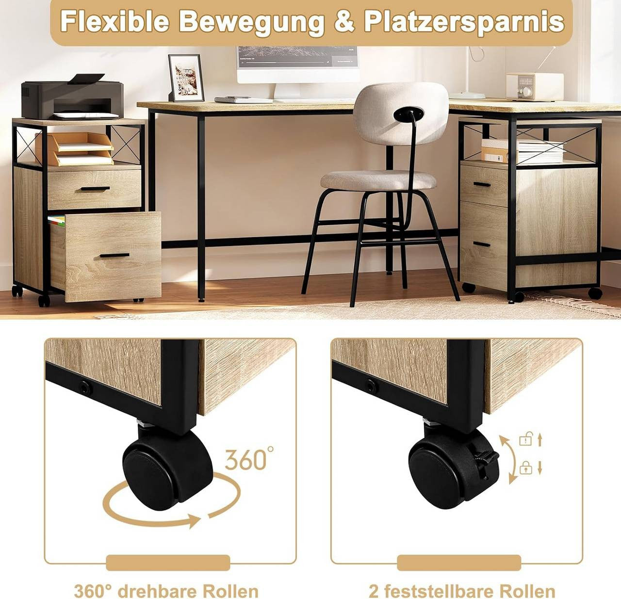 24goodz Rolling Storage Cabinet - Versatile Storage Solution - Durable E1 Wood and Metal - For Home and Office - Light Oak