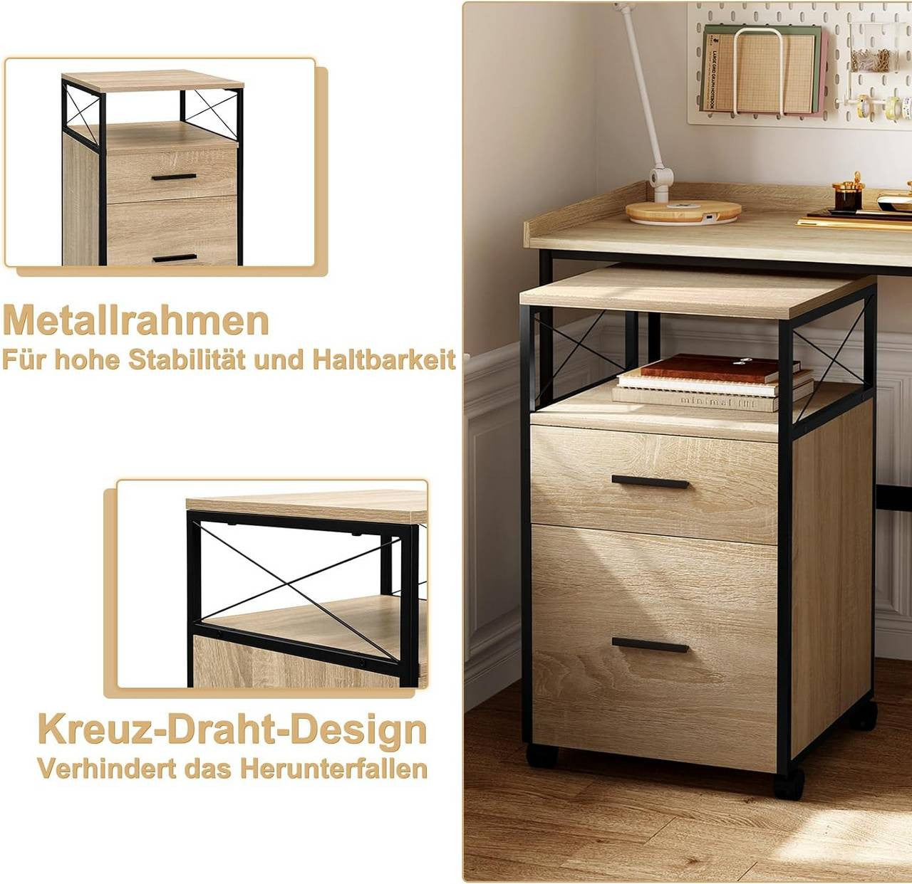 24goodz Rolling Storage Cabinet - Versatile Storage Solution - Durable E1 Wood and Metal - For Home and Office - Light Oak