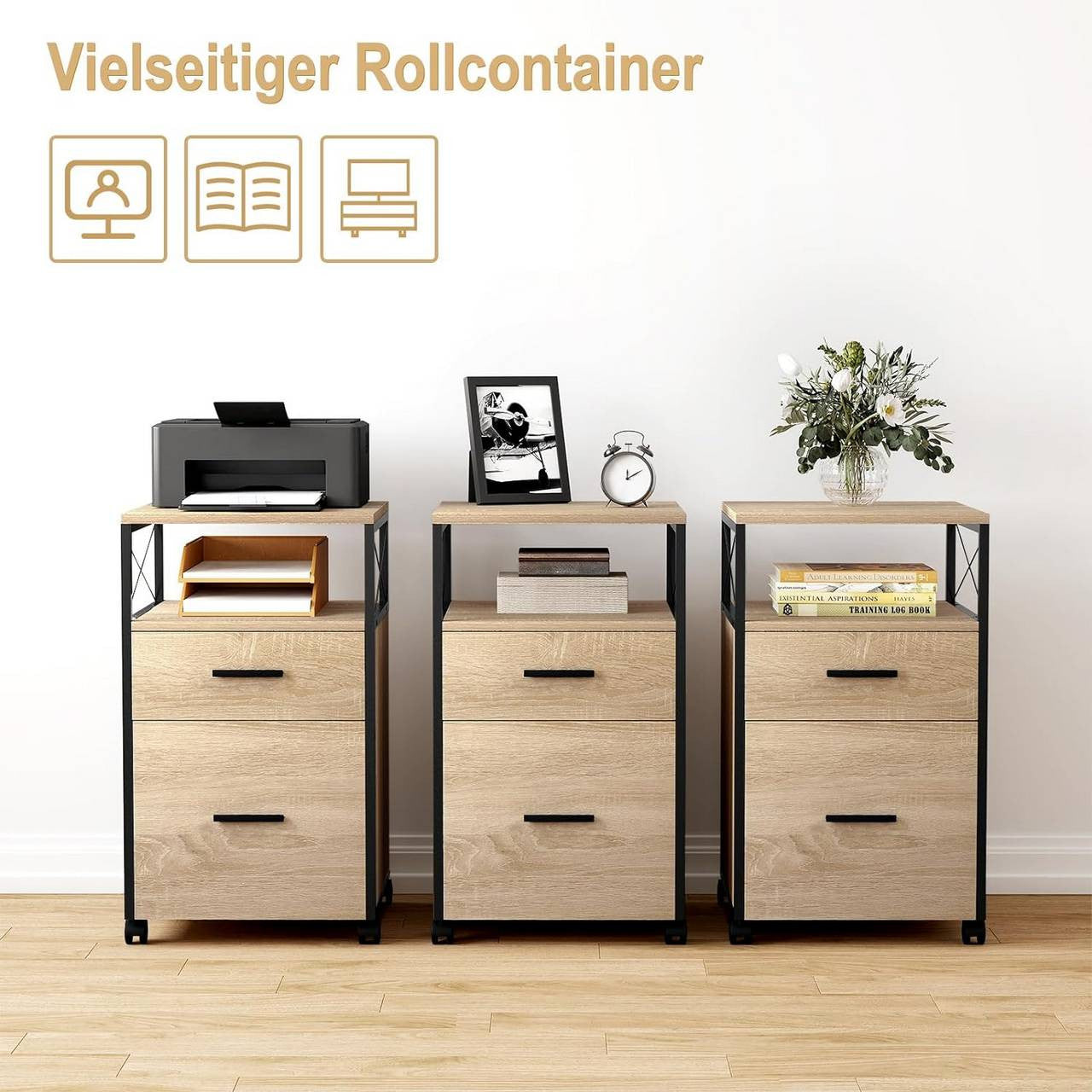 24goodz Rolling Storage Cabinet - Versatile Storage Solution - Durable E1 Wood and Metal - For Home and Office - Light Oak